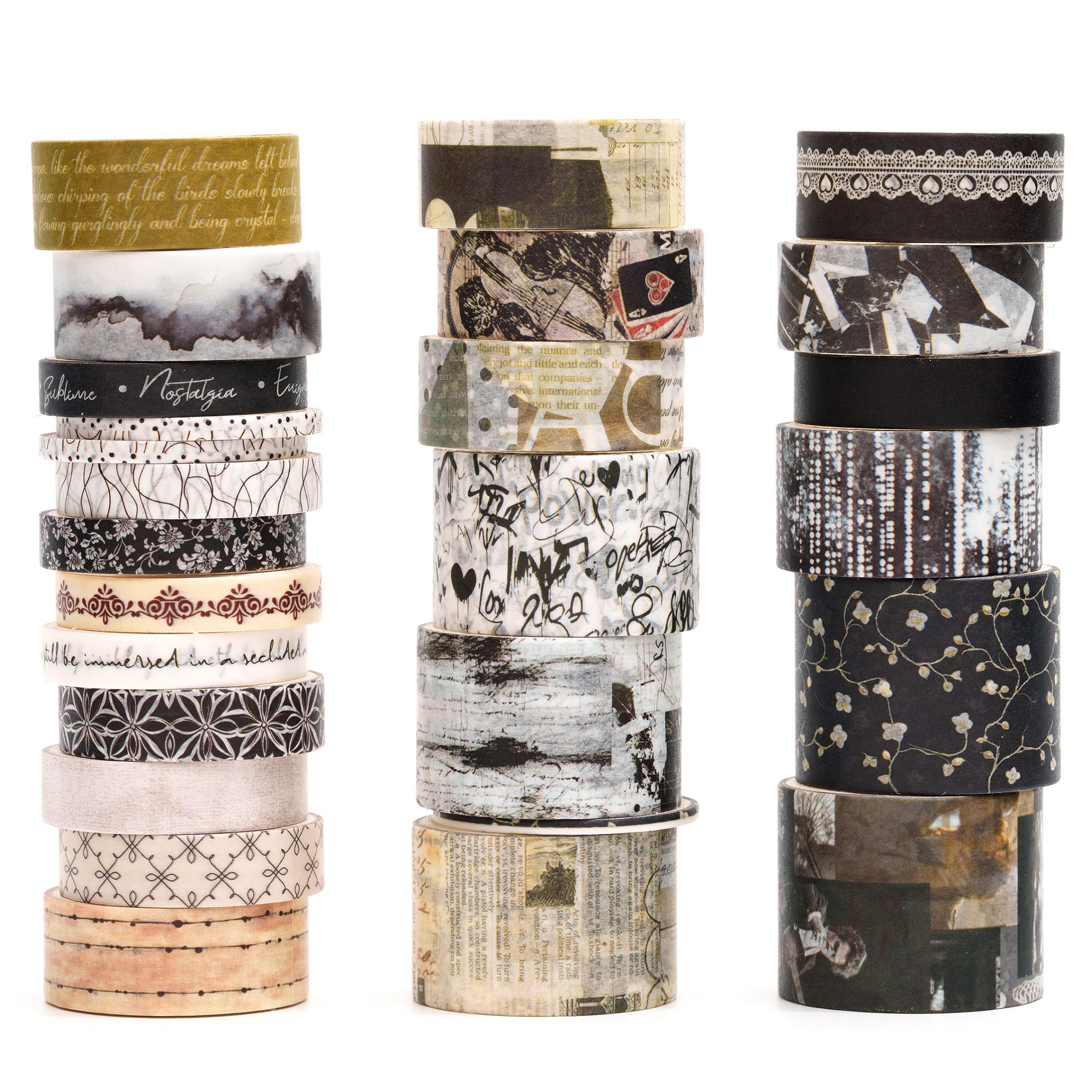 Songdao Vintage Washi Tape Set - 24 Rolls Arts Adhesive Tapes Assorted Retro Decorative Masking Tape Sets for Craft, Kids, Scrapbook, DIY, Gift Wrapping (9-Monochrome Mood)