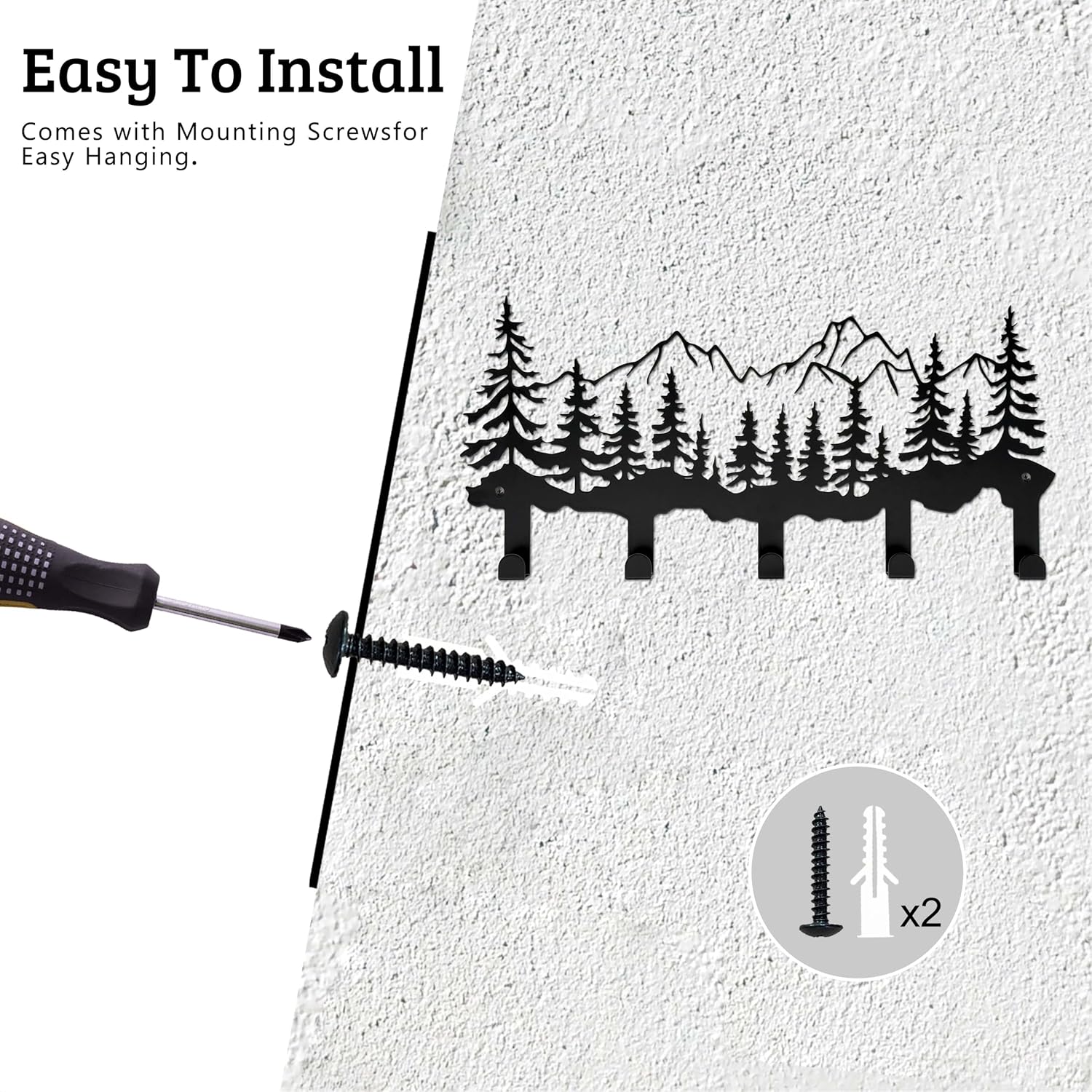 Metal Mountain and Pine Tree Key Hooks Holder with 5 Hooks, Rustic Vintage Cabin and Mountain Wall Decor for Home Storage Farmhouse Office Rustic Room Living Room Hallway Bedroom