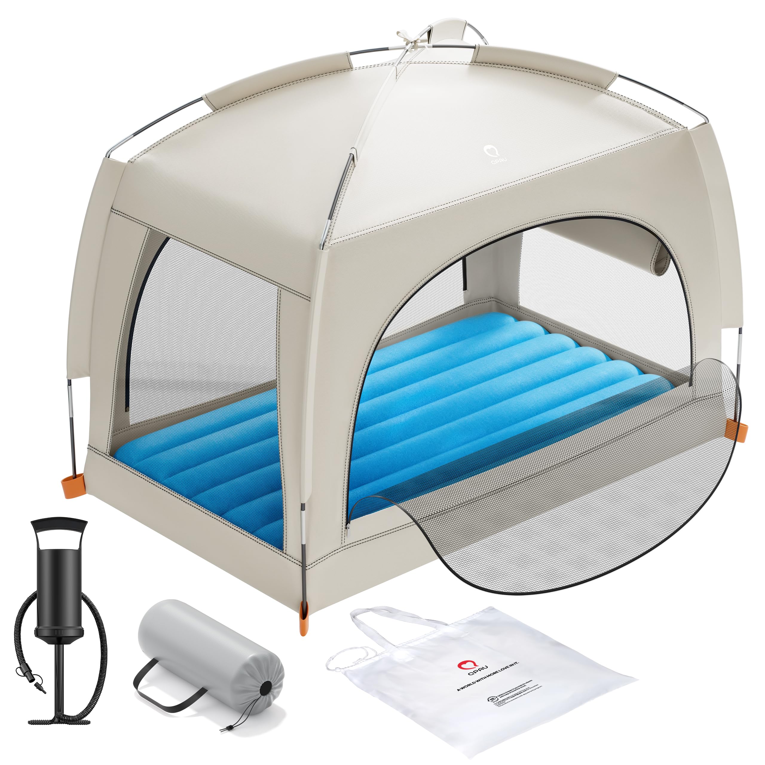 QPAU Aufblasbares Reisebett für Kleinkinder ab 3 Jahren mit Handpumpe – Tragbare Luftmatratze für Camping, Reisen, Zuhause (Khaki Blue)