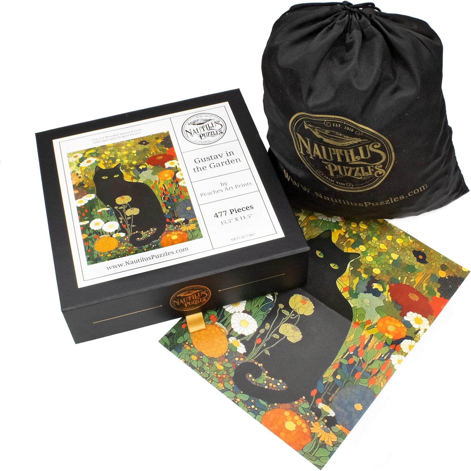 Wooden Jigsaw Puzzle - Gustav in The Garden - Wooden Black Cat Puzzle - 477 Pieces - Made in The USA by Nautilus Puzzles for Cat Lover