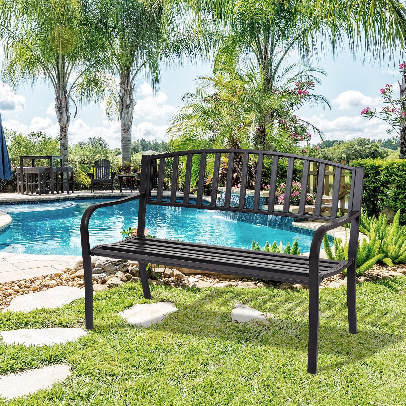 GYMAX Panchina Metallica da Giardino a 3 Posti, Portata di 300 kg, Tubi in Acciaio, Sedia Panca da Interno ed Esterno, con Schienale Alto e Braccioli, 127x60x87 cm