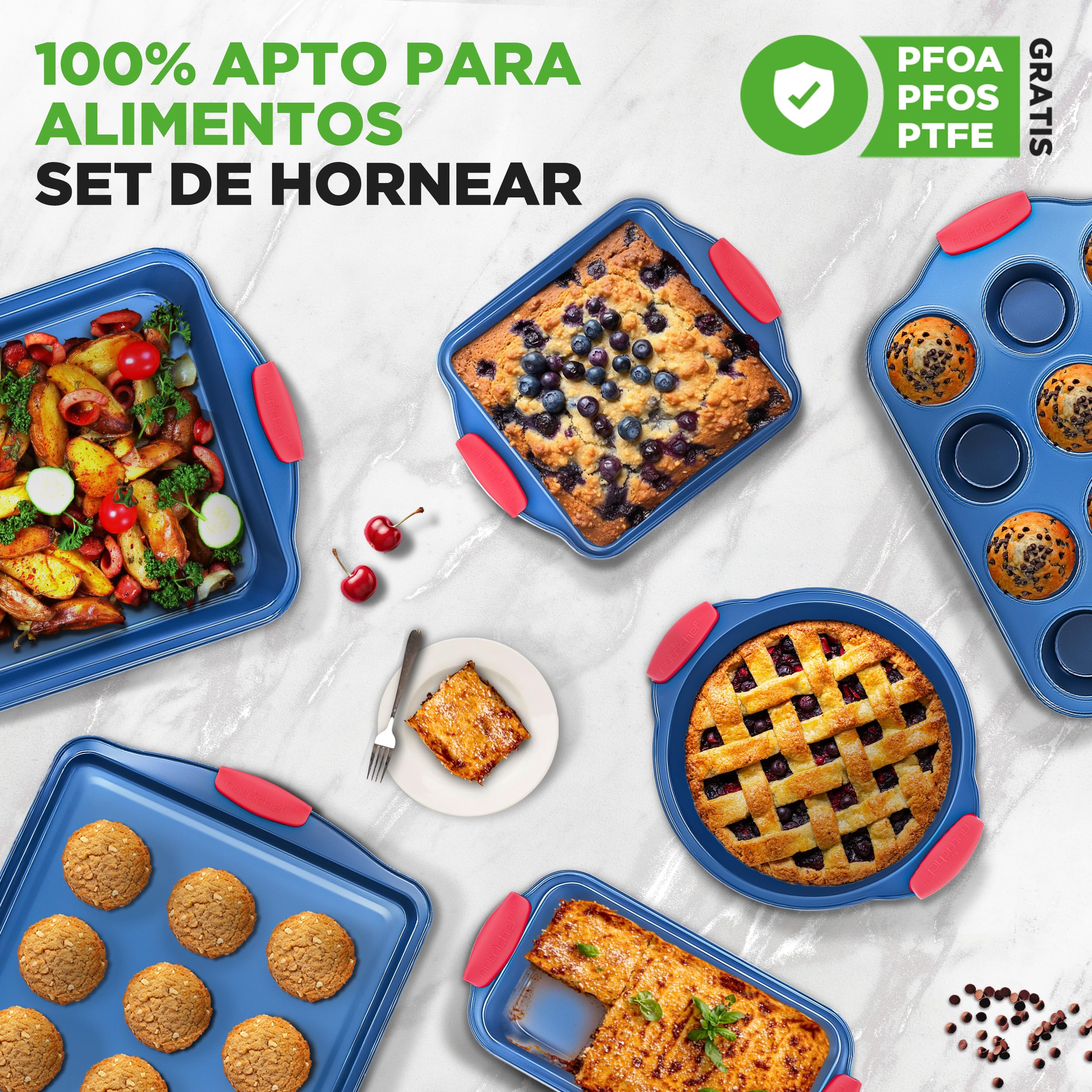NutriChef juego de 6 moldes, Utensilios horno, Baking set, Reposteria, Antiadherentes, Libres de PFOA, PFOS, PFTEE, Aptos para hornos hasta 230°C (450°F), Mangos de silicona