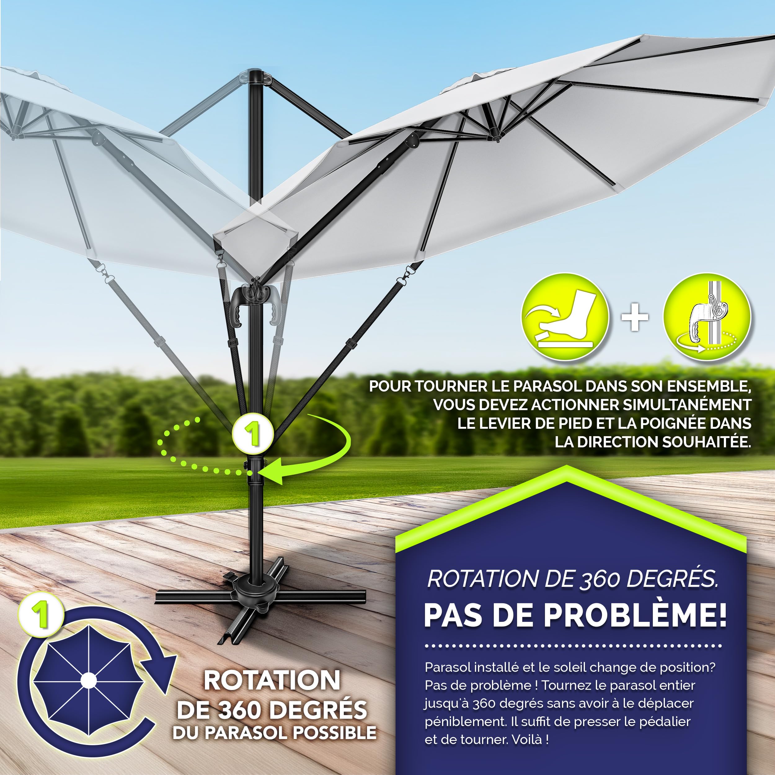 tillvex® Parasol déporté hexagonale 330 cm Premium avec manivelle | Avec housse et protection contre le vent | Parasol à manivelle réglable sur 7 positions | Parasol de jardin aluminium pivotant à 360