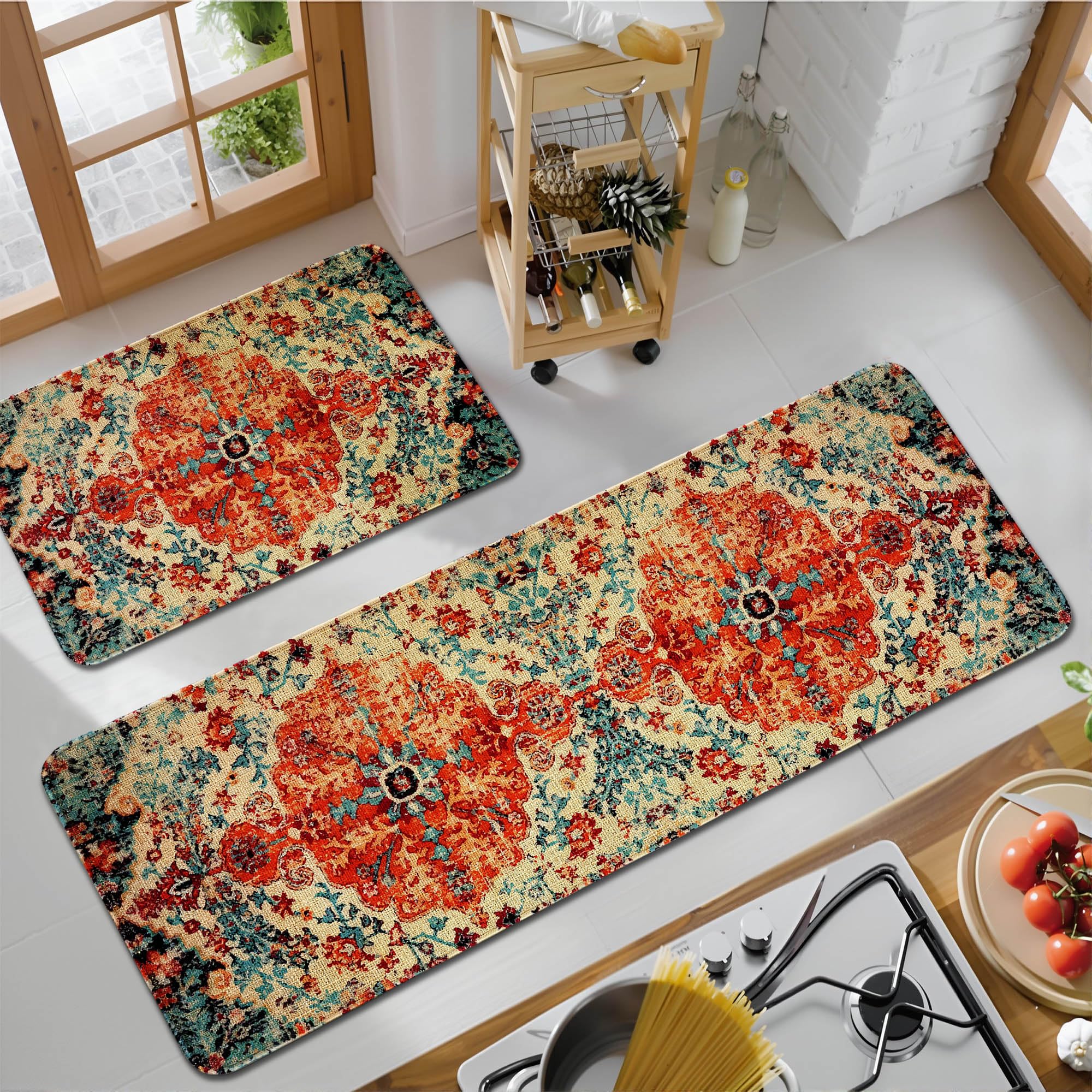 safarsa Boho Style Kitchen Mats for Floor Set of 2 Pieces Bohemian Floral Medallion Country Vintage Kitchen Rugs and Mats Non Skid Washable Kitchen