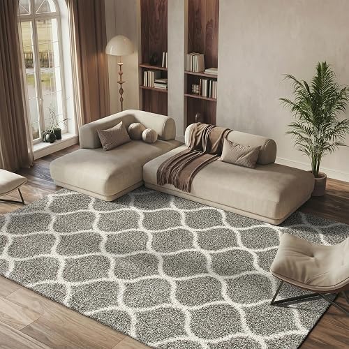 SAFAVIEH Hudson Shag Collection X-Large Area Rug - 11' x 15', Grey & Ivory, Trellis Design, Non-Shedding & Easy Care, 2-inch Thick Ideal for High Traffic Areas in Living Room, Bedroom (SGH280B)
