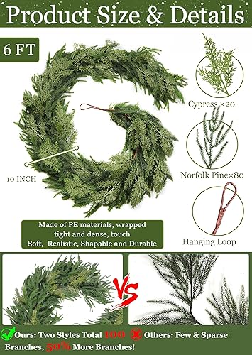 Miniatura 3 de Guirnalda de pino Norfolk de Navidad de 6 pies con 30 luces blancas cálidas, 8 modos y temporizador, 80 pinos Norfolk y 20 hojas de ciprés para