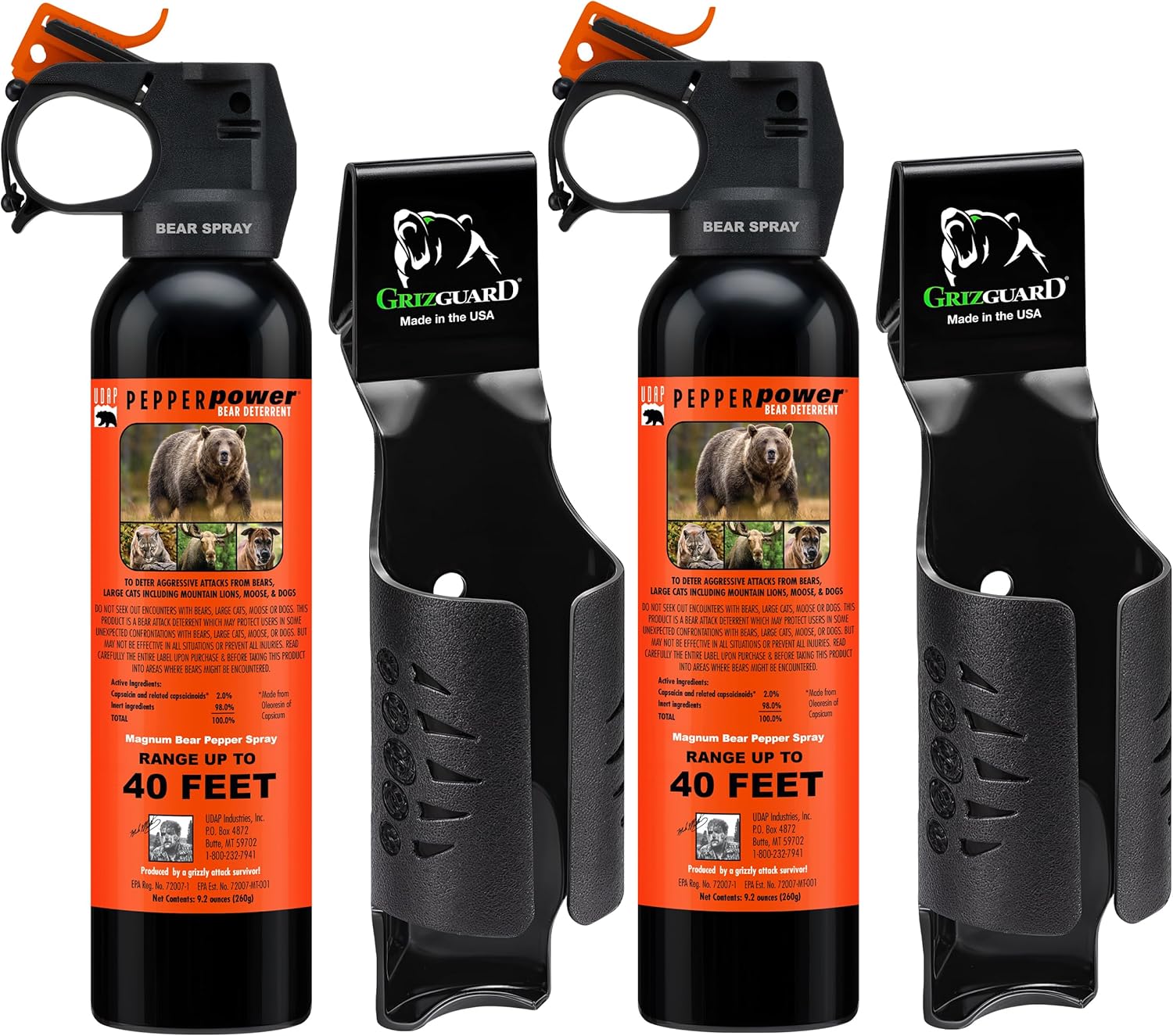 UDAP 15DCH Pepper Power Magnum Bear, Mountain Lion, Coyote, Dog, & Moose Spray Self Defense Deterrent w/Griz Guard Holster for Camp, Hike, Walk, Powerful Blast, 40ft Fog Barrier, 9.2 oz, 2 Pack