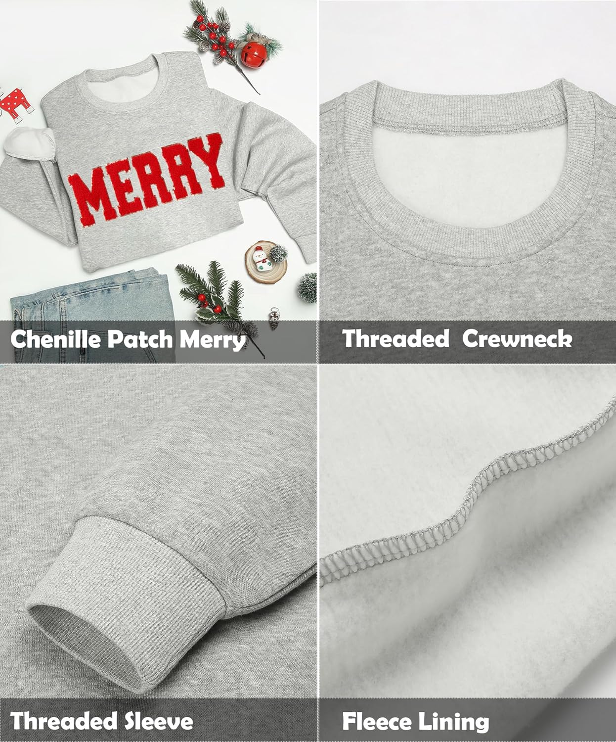 LETSEE Merry Sweatshirts for Women Christmas Chenille Patch Sequin Crewneck Sweaters Fleece Xmas Holiday Top - Image 5