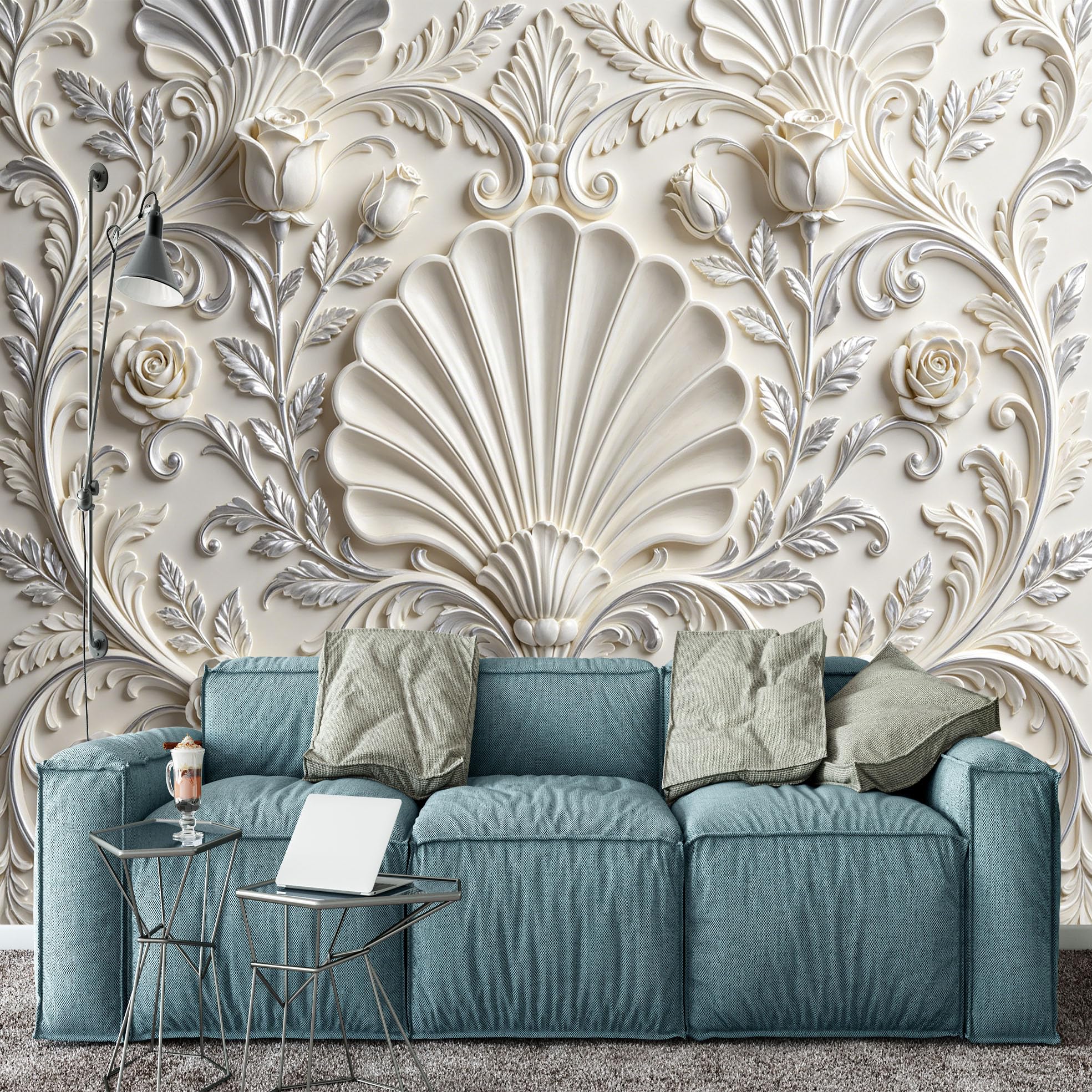 Carta Da Parati Fotografica In Tessuto Non Tessuto con Motivo Floreale Elegante Stile Palazzo Europeo Classico Di Lusso 500×350 cm (Lxa) Grande Ornamento A Ventaglio con Conchiglie Rivestimento Mur