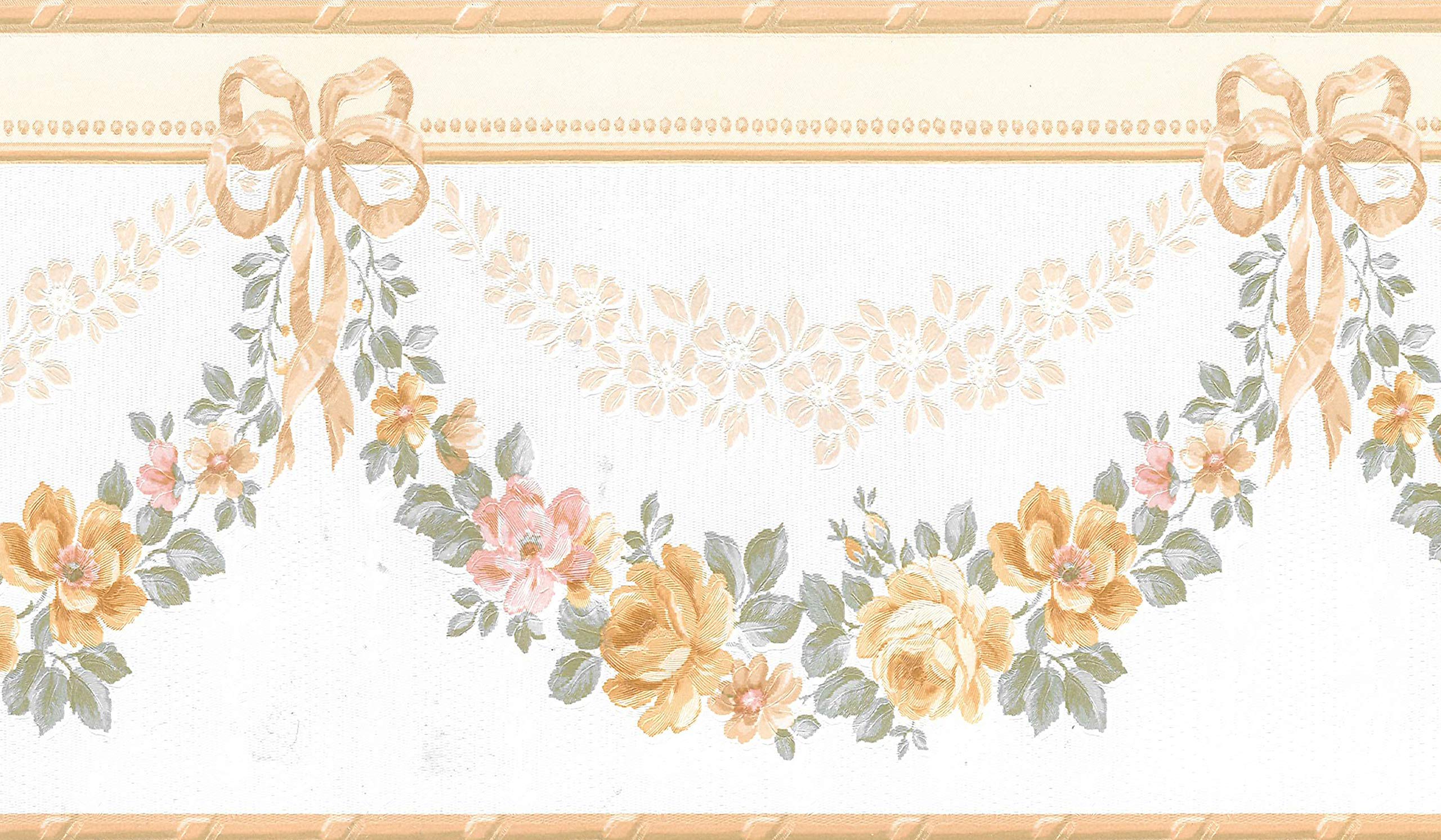 Dundee Deco Green,White,Brown,Pink Bd6192 Prepasted Wallpaper Border - Floral Green, White, Pearl, Brown, Pink Roses In Garlands Wall Border Retro Design, 15 Ft X 5.1 In (4.57M X 12.95Cm)