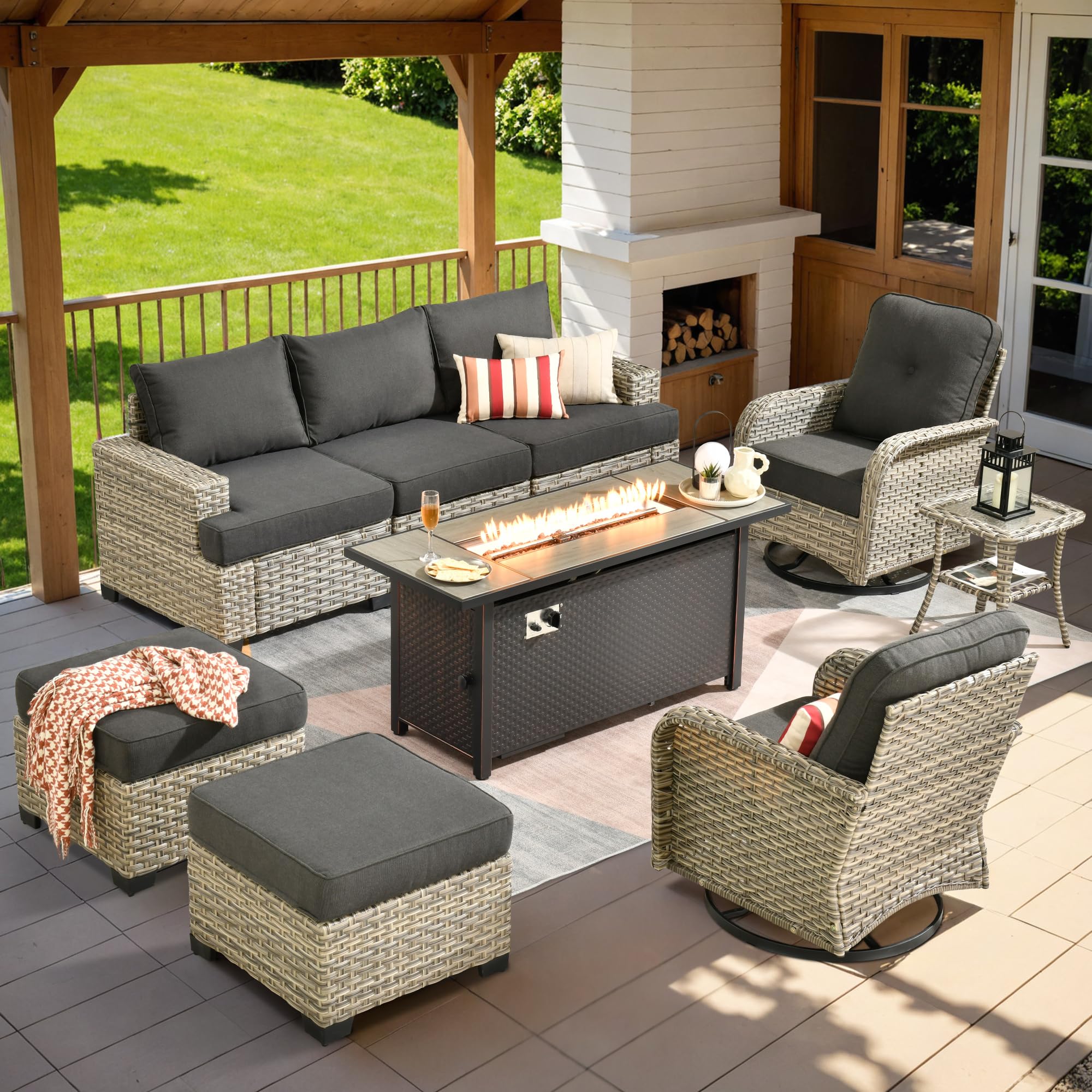 ovios 9 Piece Patio Sectional Furniture with 54" Fire Pit Table, Rattan Wicker Coversation Set with Swivel Chairs, Outdoor Sofa Set for Outside Porch