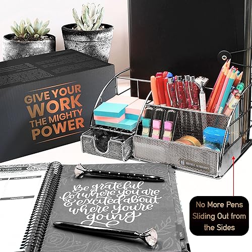 Miniatura 6 de Organizador de escritorio negro para hombres: exclusivo organizador grande de suministros de metal brillante 6 en 1 con soportes para bolígrafos,