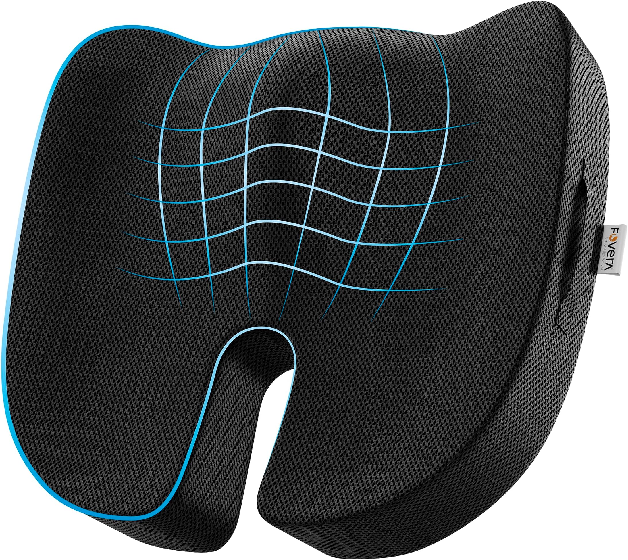 FOVERA Orthopedic Coccyx Cushion, Seat Cushion for Chair, Car Seat Cushions, Memory Foam Sitting Pillow for Tailbone, Sciatica & Back Pain Relief (L-Above 65kg Wt, Mesh Black)