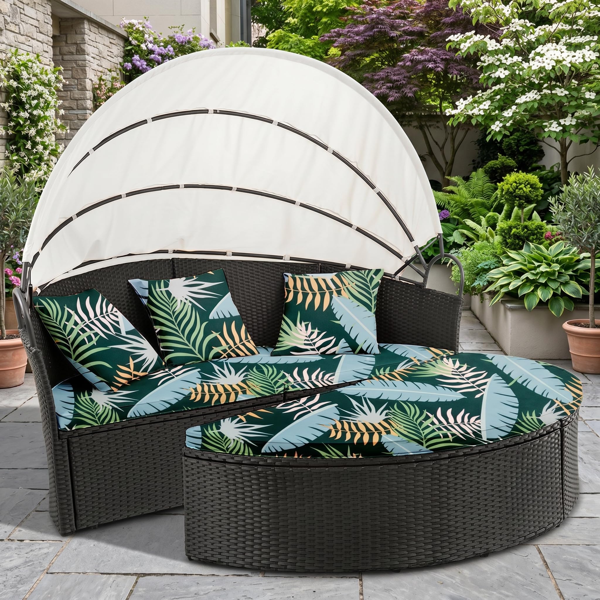 LiveGo Outdoor Daybed Cushion Cover, 66" Replacement Daybed Cover with Elastic Band, Sun Bed Cushion Cover, Outdoor Round Bed Cushion Covers (Green Forest, 2 Half Round Covers + 3 Pillow Covers)