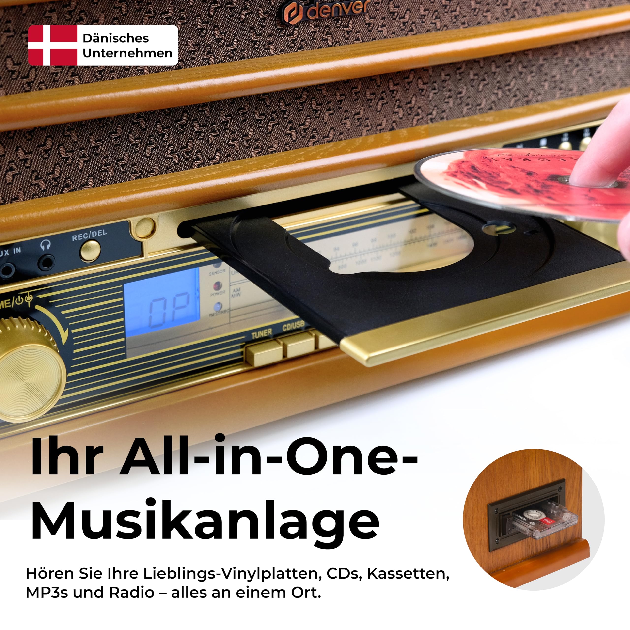 Denver MCR-50 Retro Musikanlage mit Plattenspieler mit Lautsprecher, Braun - Schallplattenspieler mit USB, Kassette & CD Support