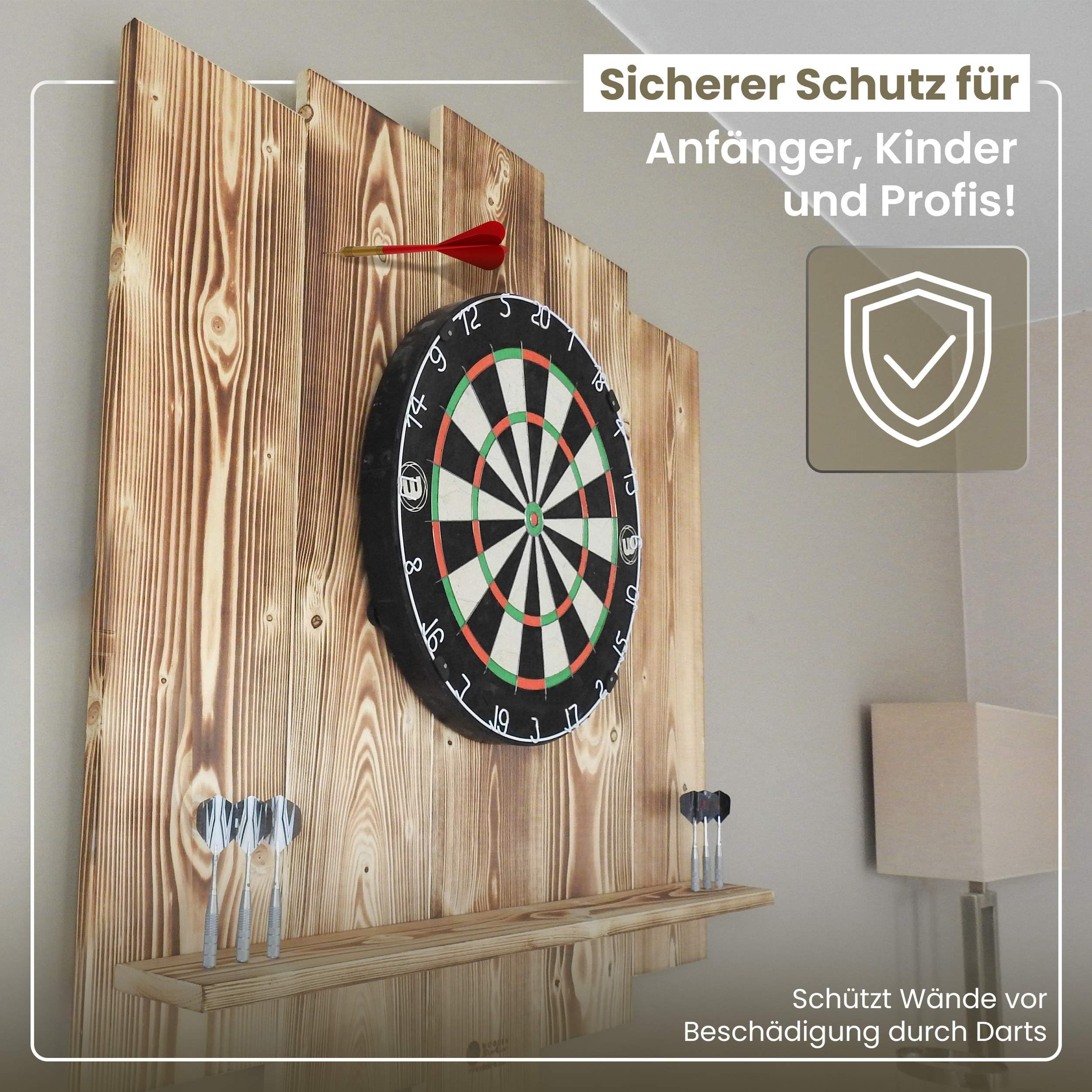 Wooden Dartboard Surround | Premium Dart-Wandschutz & Tablet-Halter (Optional) | Geflammter Burned Look oder Color Design (Catchring, Dart Umrandung, Backboard)