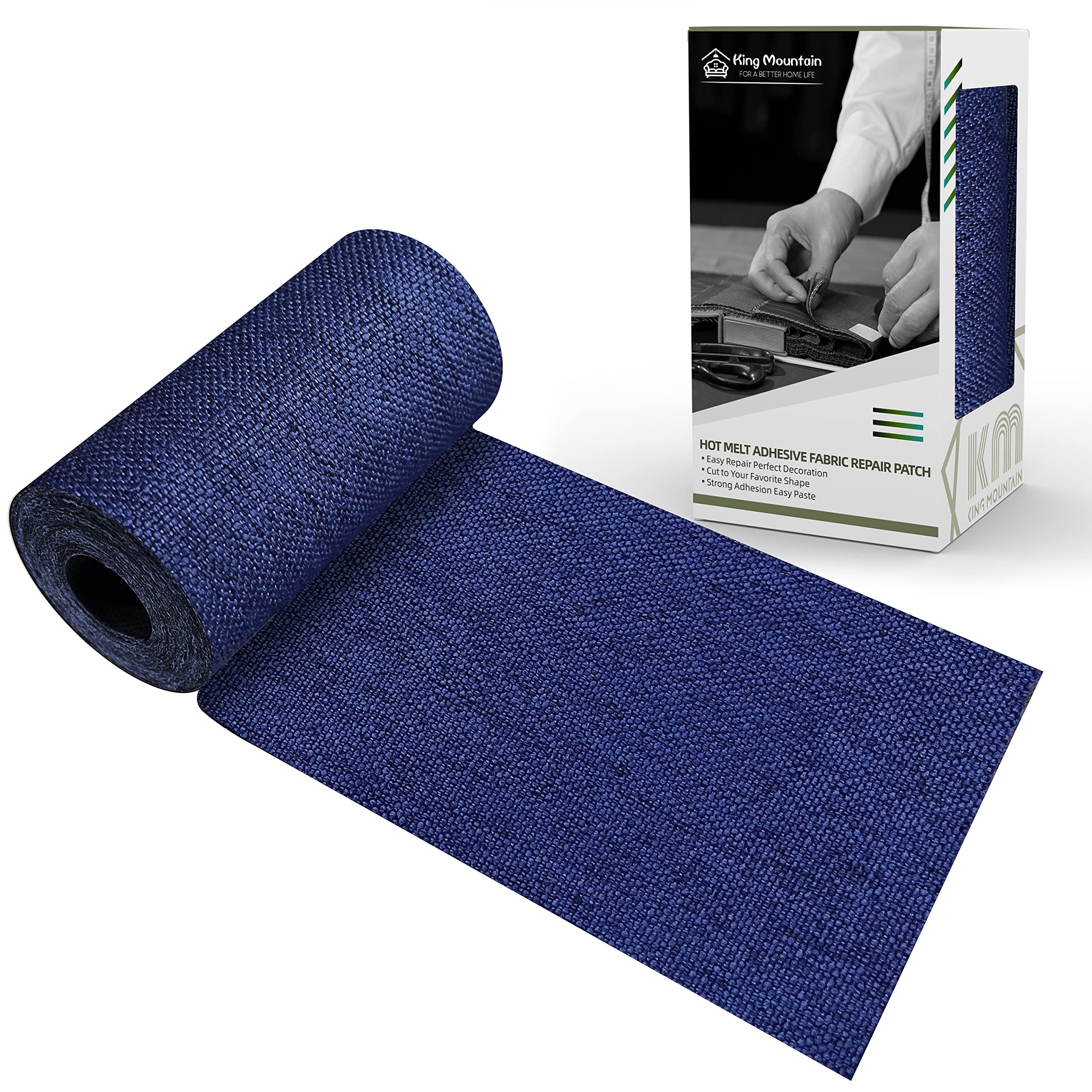 King Mountain Premium Linen Fabric Iron-on Repair Patch, Inside&amp;Outside Fabric Repair Patch, 3"x60" with Backing Glue Linen Repair Decorative Patch kit (Linen-3"x60", Dark Blue)