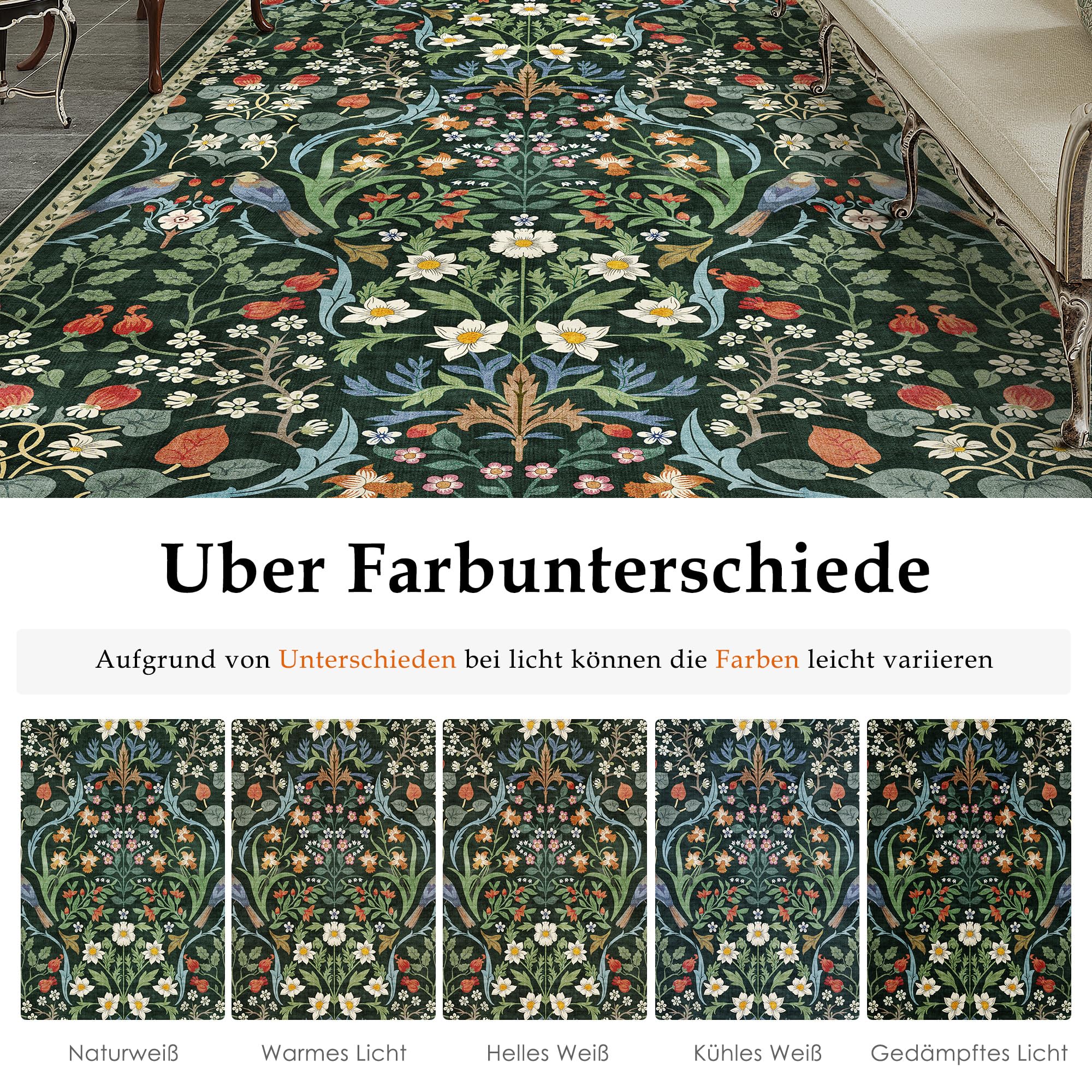 PureCozy Teppich Wohnzimmer 200x300cm Waschbarer Blumenmuster kurzflor rutschfest Weich Boho Vintage Teppiche Groß für Schlafzimmer Esszimmer Bedroom Living Room, Grün