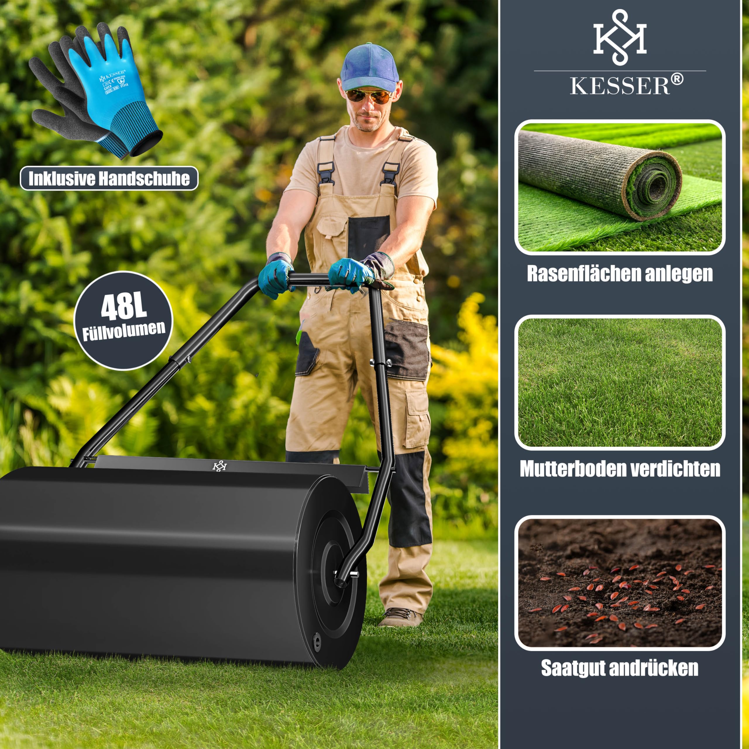 KESSER® Rasenwalze Metall befüllbar mit Wasser oder Sand mit 48 Liter Füllvolumen & 60cm breit | Gartenwalze inklusive Handschuhe | Handwalze Rasenroller Ackerwalze Walze in Schwarz