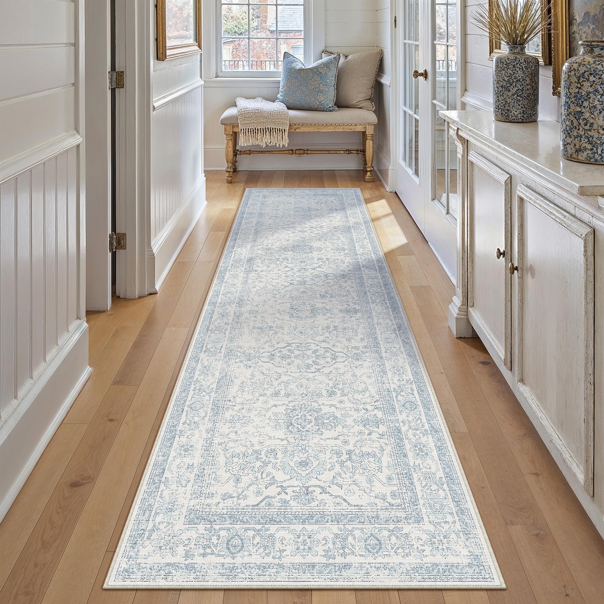 hugear 3x10 runner rug hallway retro light blue machine washable vintage floral low pile carpet vacuumable distressed long throw rug kitchen bedroom laundry bathroom non slip soft lightweight