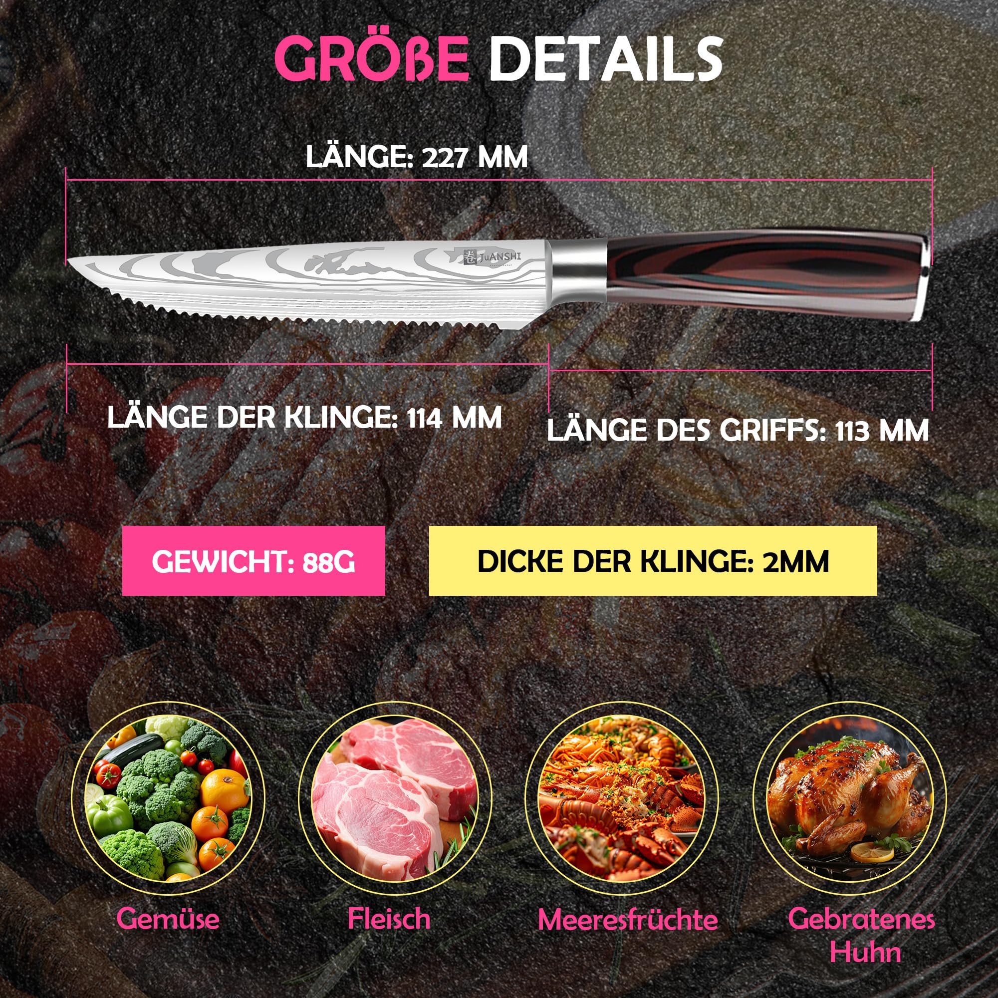 JUANSHI® Coltelli da Cucina Coltello professionale Coltello da chef Coltello da pane Coltello Santoku Coltello da cucina (Coltello da bistecca 11,4 cm)
