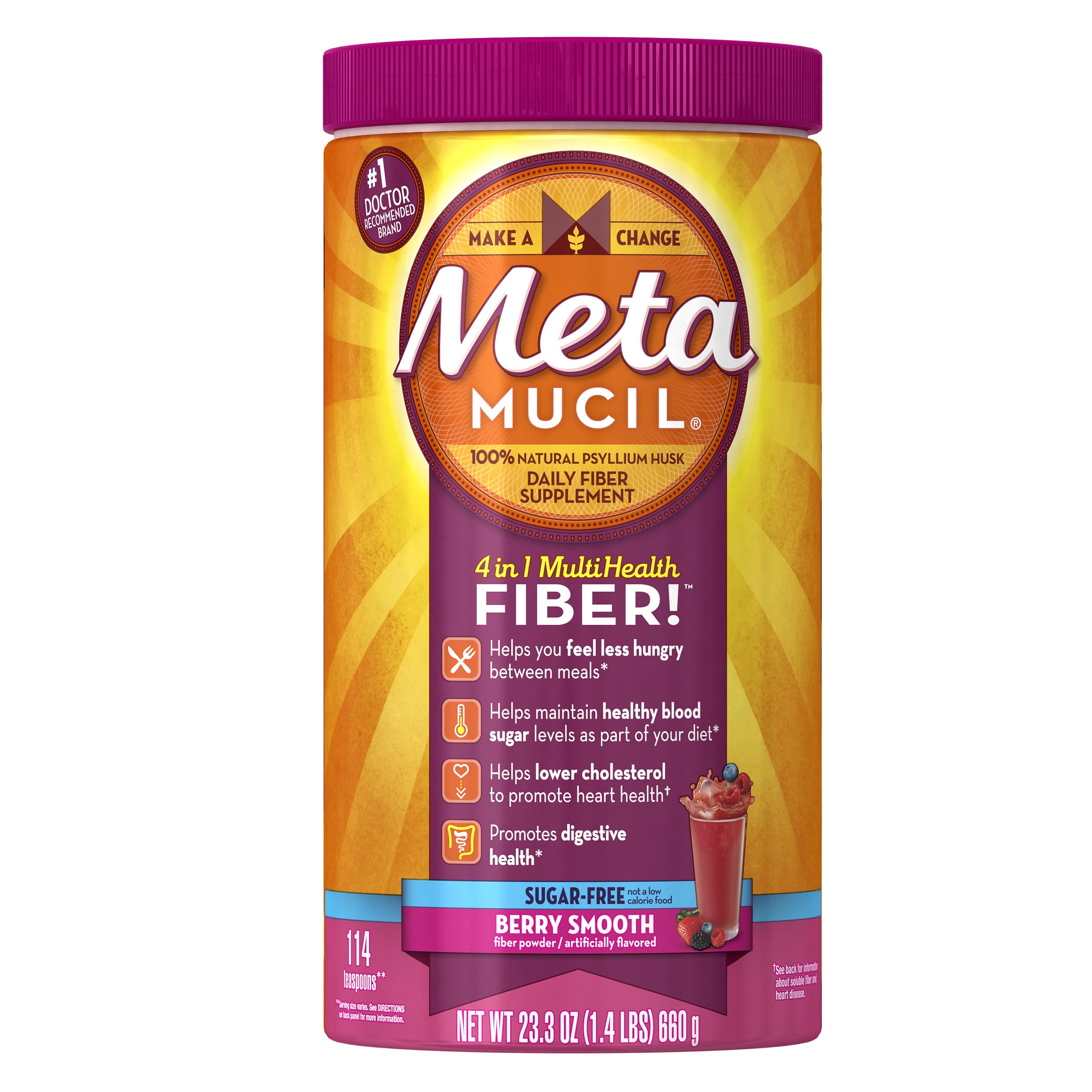 Metamucil Psyllium Fiber Supplement by Meta Berry Smooth Sugar Free Powder 114 Doses, 23.3 Ounce