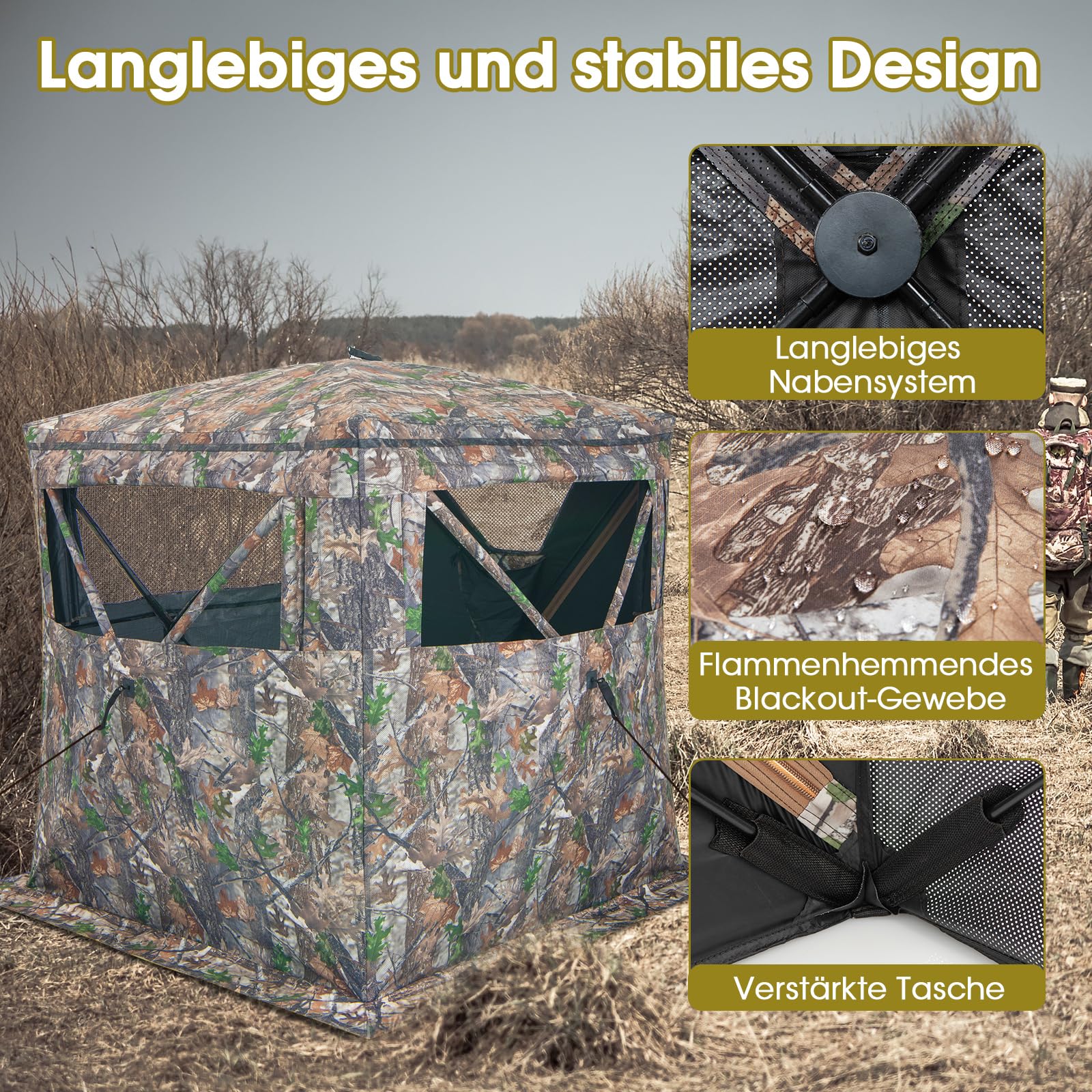 COSTWAY Einseitig durchsichtiges 270° Jagdzelt, Pop-Up-Unterstand für 2–3 Personen mit geräuschlosem Schiebefenster & Tragetasche, Jagdversteck für die Hirsch- & Truthahnjagd, Camouflage