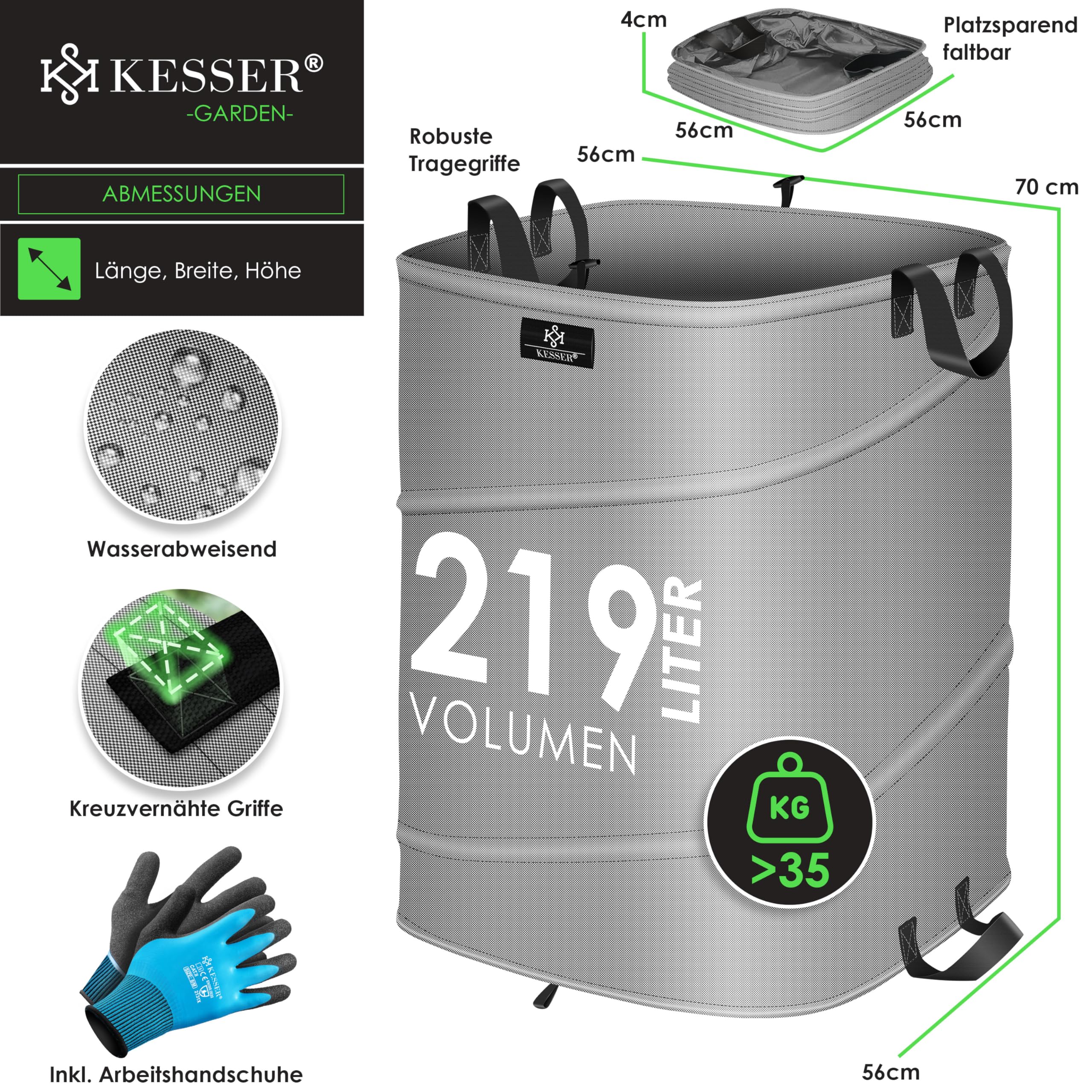 KESSER® Set di Sacchi da Giardino Pop-up - 2x 219 Litri, Sacco per Rifiuti da Giardino con Guanti, Autoportante con Maniglie, Robusto, Robusto e Richiudibile, Grigio/Nero