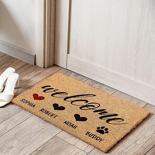 Miniatura 5 de Tapete de puerta personalizado, tapete de fibra de coco personalizado con 3 nombres e iconos, 5 opciones de iconos, 3 tamaños, regalos de