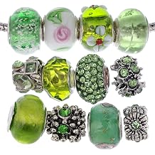 RUBYCA Murano Lampwork Charm Glass Beads Tibetan Crystal European Bracelet Mix Assortment Green 15Pcs