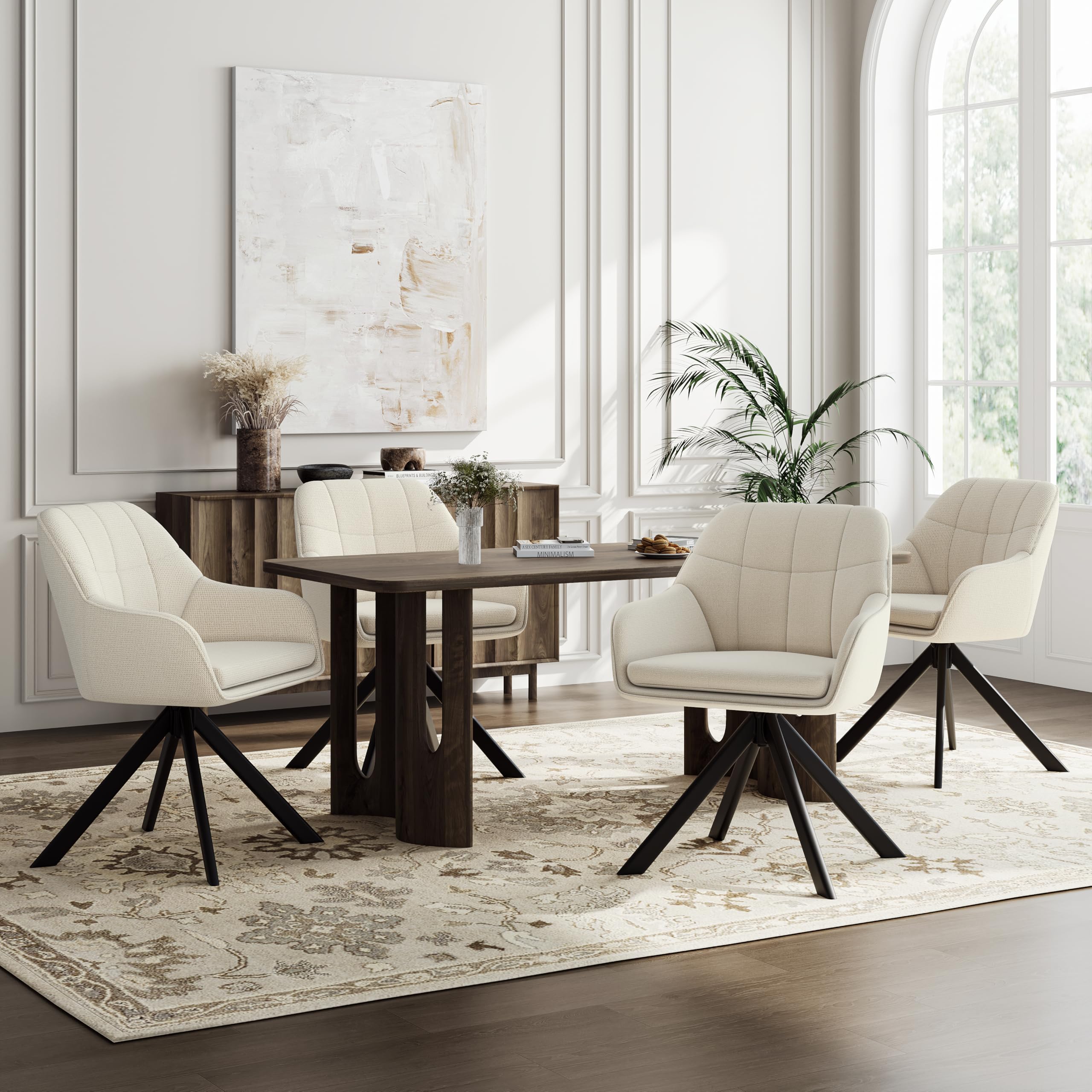 Lot de 6 Chaises Pivotantes 360° en Lin Beige avec Accoudoirs, Chaises de Salle à Manger, Cuisine, Fauteuils avec Pieds en Métal, pour Bureau ou Salon