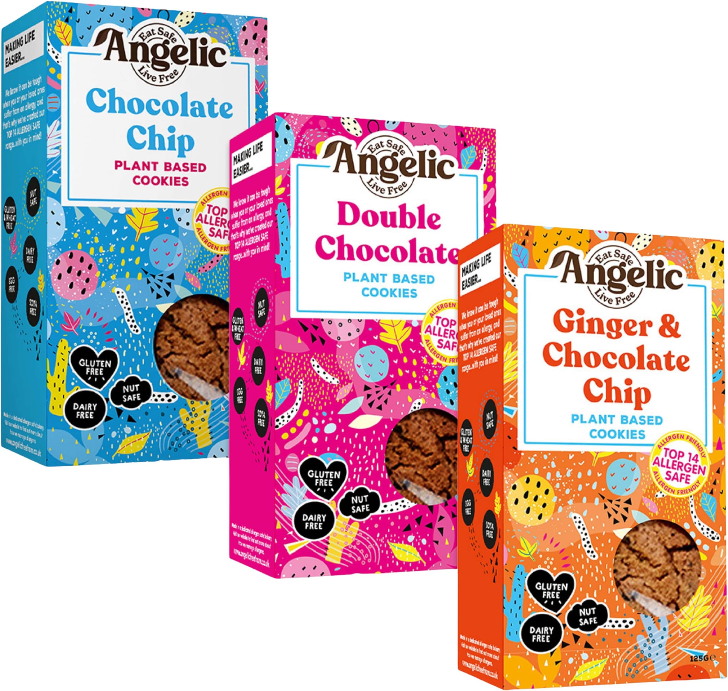 Angelic Free From 3 Mixed Box Vegan & Gluten Free Cookies. 3 Boxes Of Dairy, Nuts, Soya, Egg, Peanut Free Biscuits. Allergy Safe Snacks. Chocolate Chip, Double Chocolate and Ginger and Chocolate