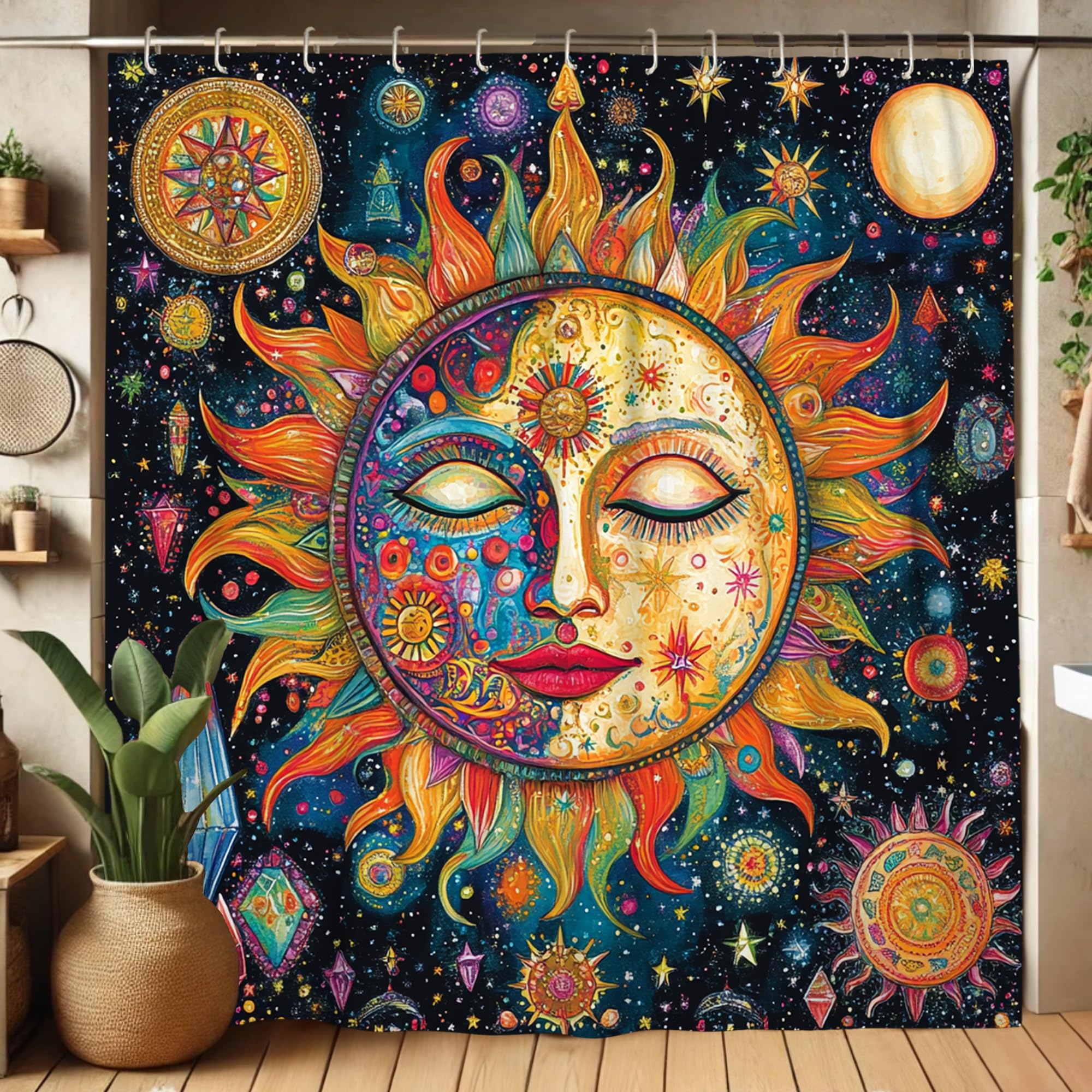 Celestial Shower Curtain, Vibrant Sun and Moon Design for Bathroom Decor, Cosmic Starry Print Waterproof Fabric Shower Curtain Set with Hooks 72x72 Inch