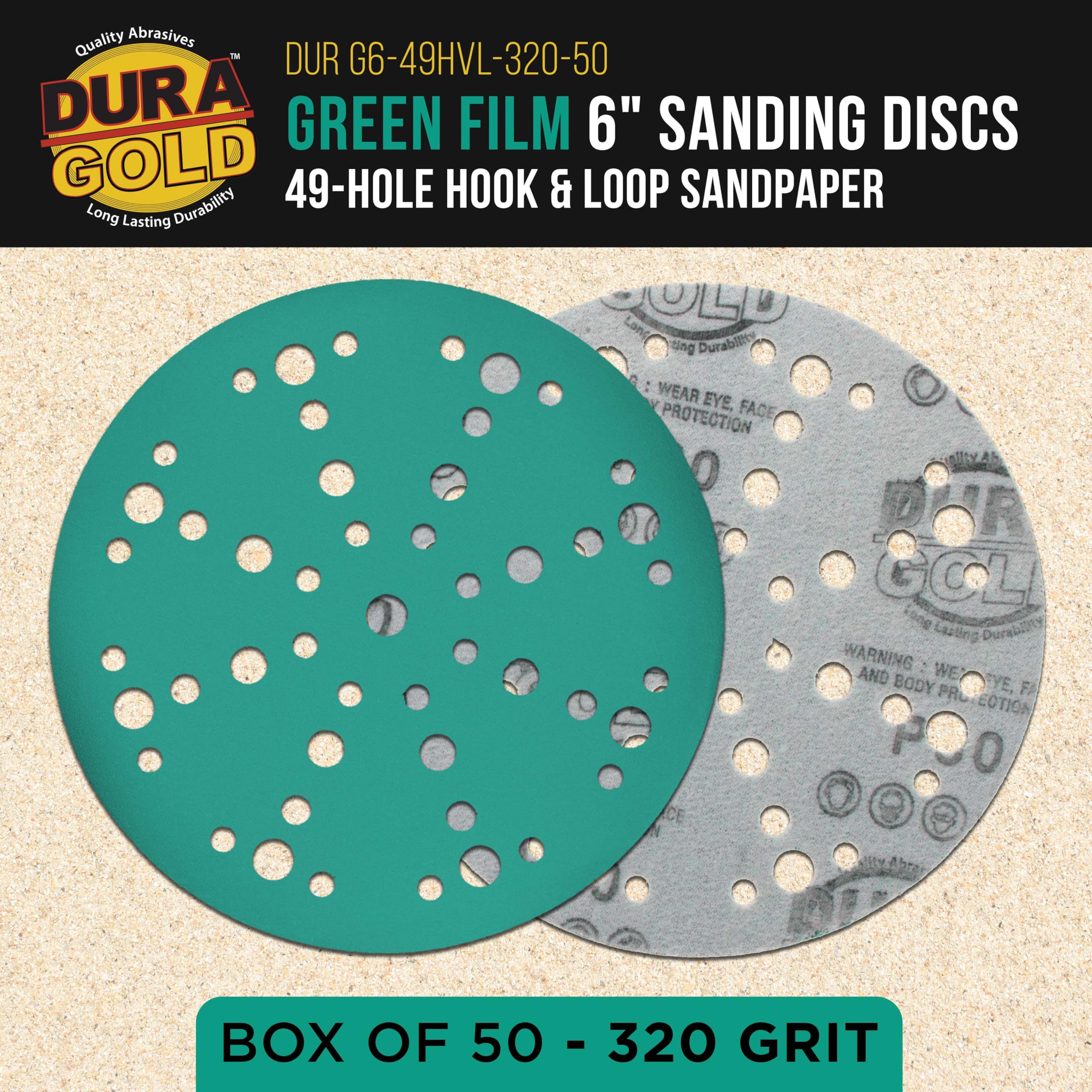 Dura-Gold Discos de lijado de película verde de grano 320 de 6 pulgadas, patrón de 49 agujeros, caja de 50 – Papel de lija resistente sin polvo para lijadoras orbitales DA y aleatorias, pintura de