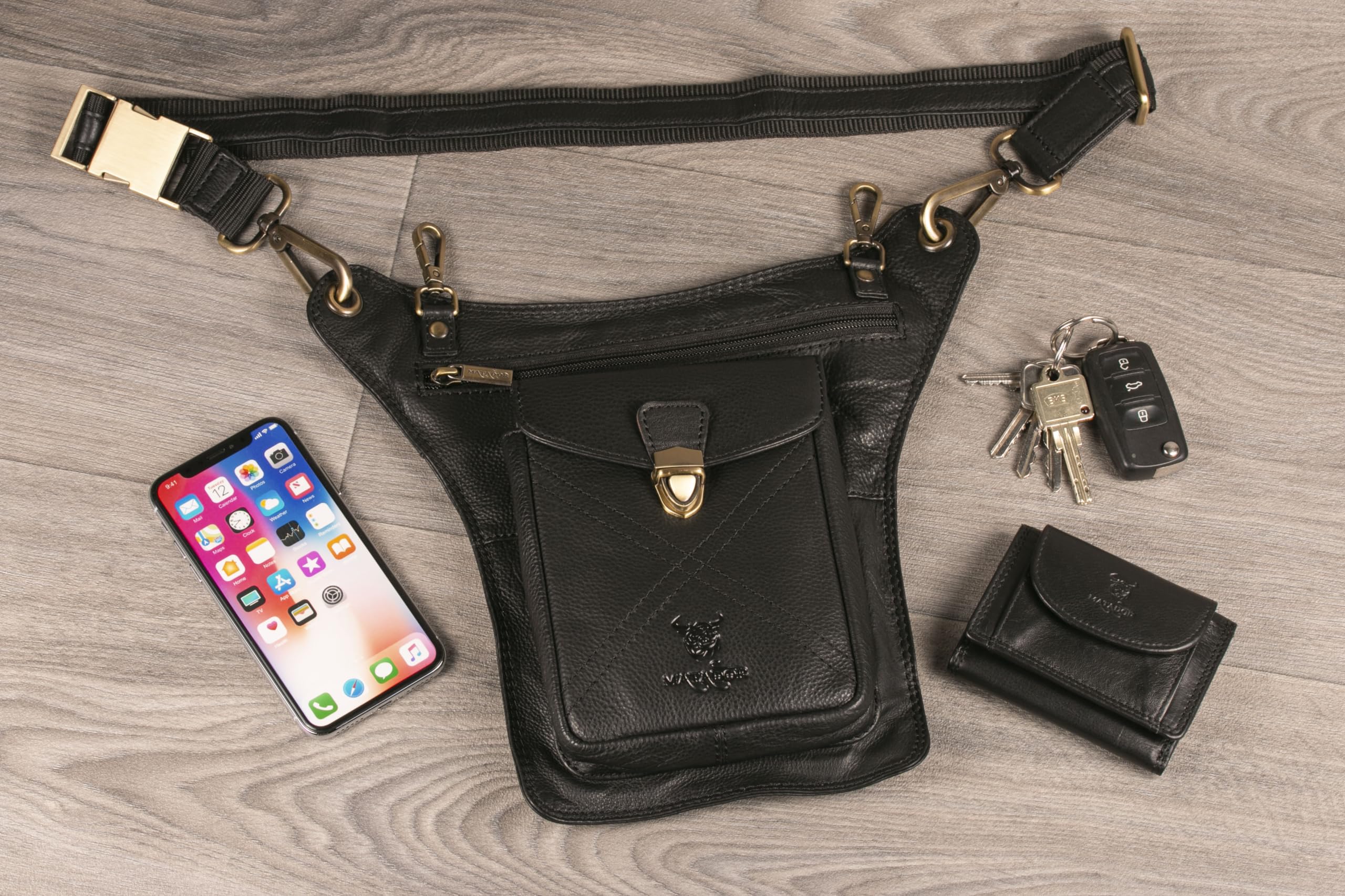 MATADOR Outdoor Tasche Echt Leder Bauchtasche Herren Damen Groß | Beintasche Motorrad Tasche mit Beingurt | Brusttasche Hüfttasche Herrentasche Leder | Oberschenkeltasche Beinholster | Nappa Schwarz