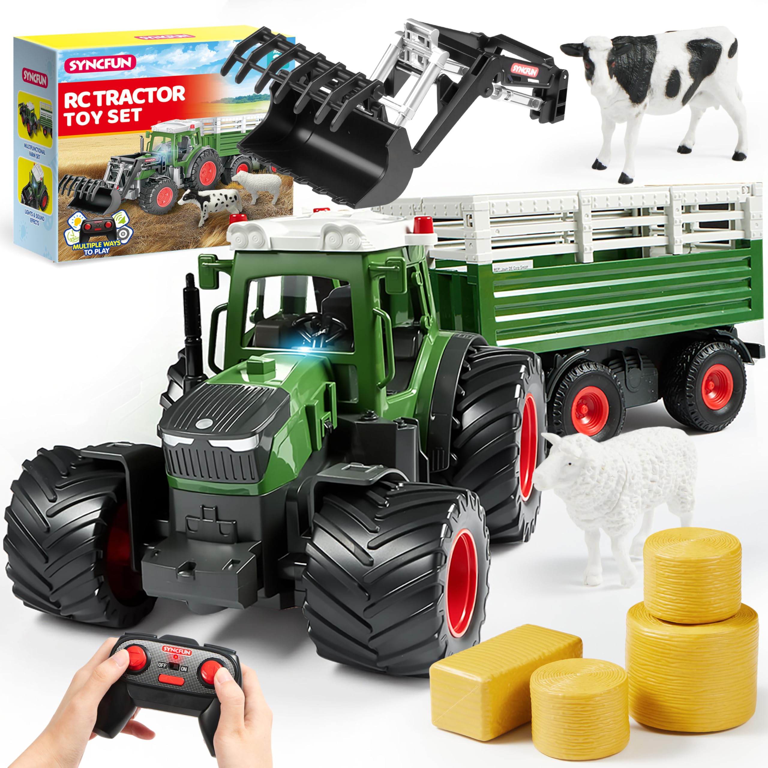 SYNCFUN Tractor de Juguete a Control Remoto vehículo agrícola Grande con Remolque, Cargador, Luces y Sonidos