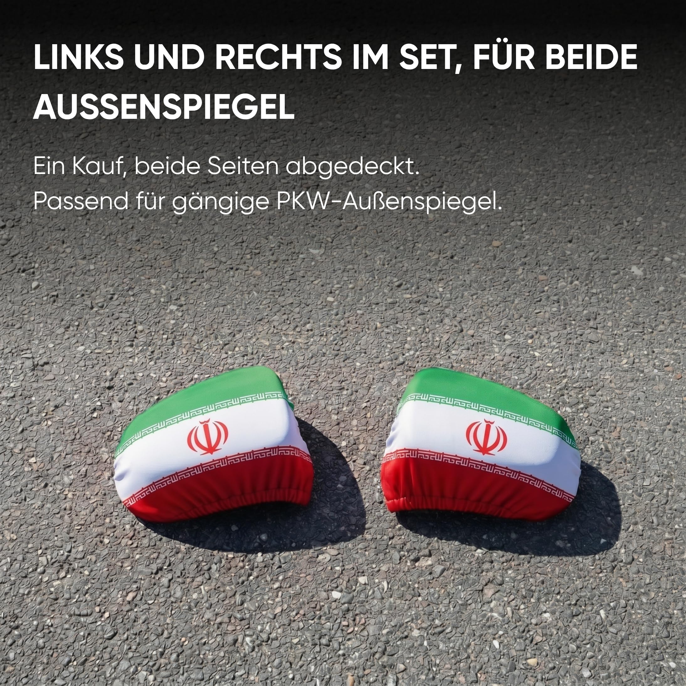 Auto Fahnen Iran Komplett Set - Motorhaubenfahne, 2 Autofahnen Fenster & 2 Außenspiegelfahnen, Fußball Fanartikel FZG für EM & WM, Iranische Flagge Fahrzeug Deko