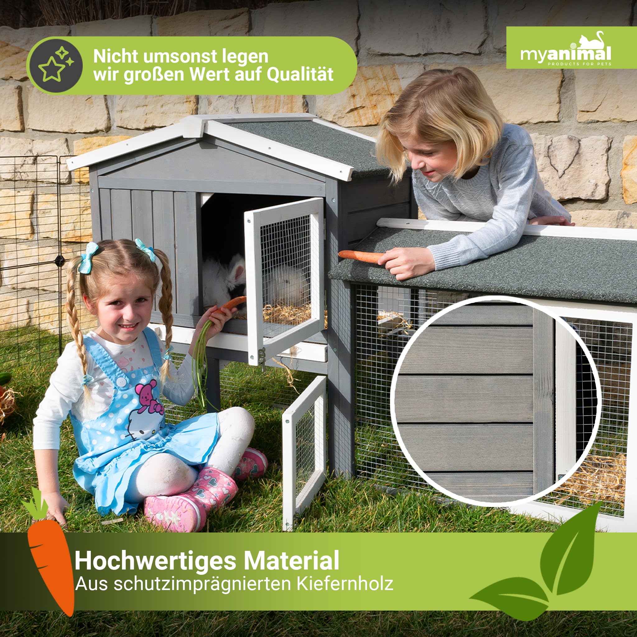 Miweba MyAnimal Hasenstall MH-03 | Kaninchenstall mit Freilaufgehege - Hasenkäfig - Kleintierkäfig - Holz imprägniert - Kaninchenkäfig Winterfest - Kleintiergehege - Käfig - Hasenhaus (Grau/Weiß)