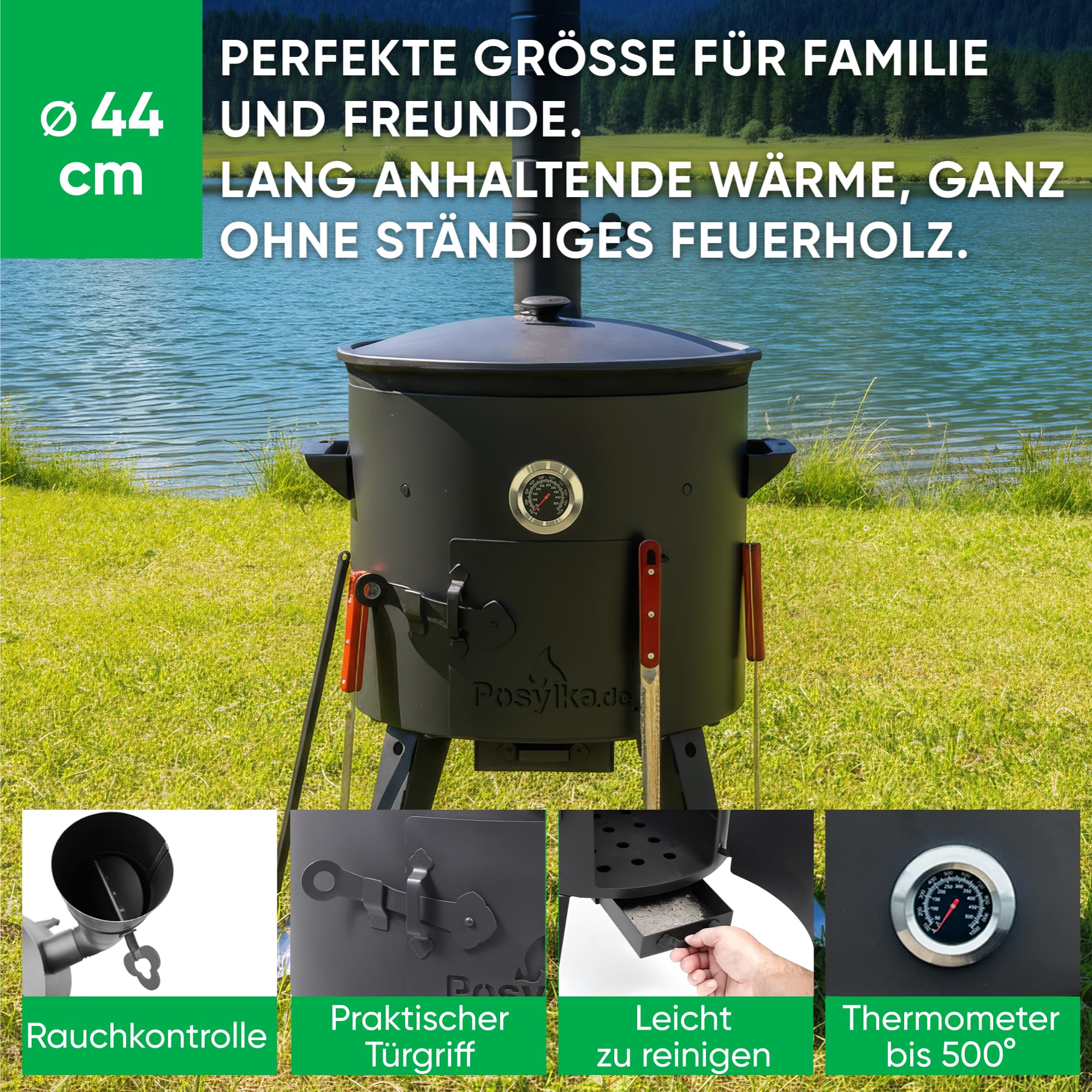 Utschak Feuerofen Ø 44 cm 2 mm Stahl mit Thermometer Usbekische Kazan 16 L runder Boden 2 Schaumlöffel 48 cm Schaumlöffel 64 cm Schöpfkelle 48 cm Löffel und Spatel 35 cm Kazan Gusseisen (Set 6)