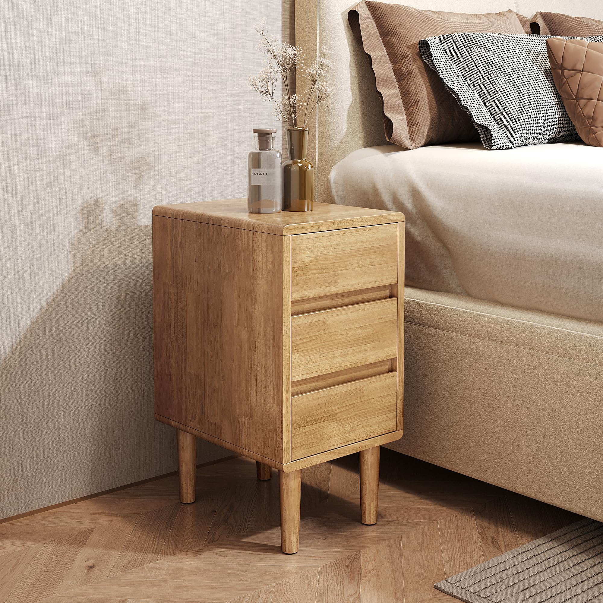 Nightstand with 3 Drawers Narrow Night Stand Solid Wood Bedside Table Mid Century Modern Nightstand Wooden End Table for Bedroom, Study, Office