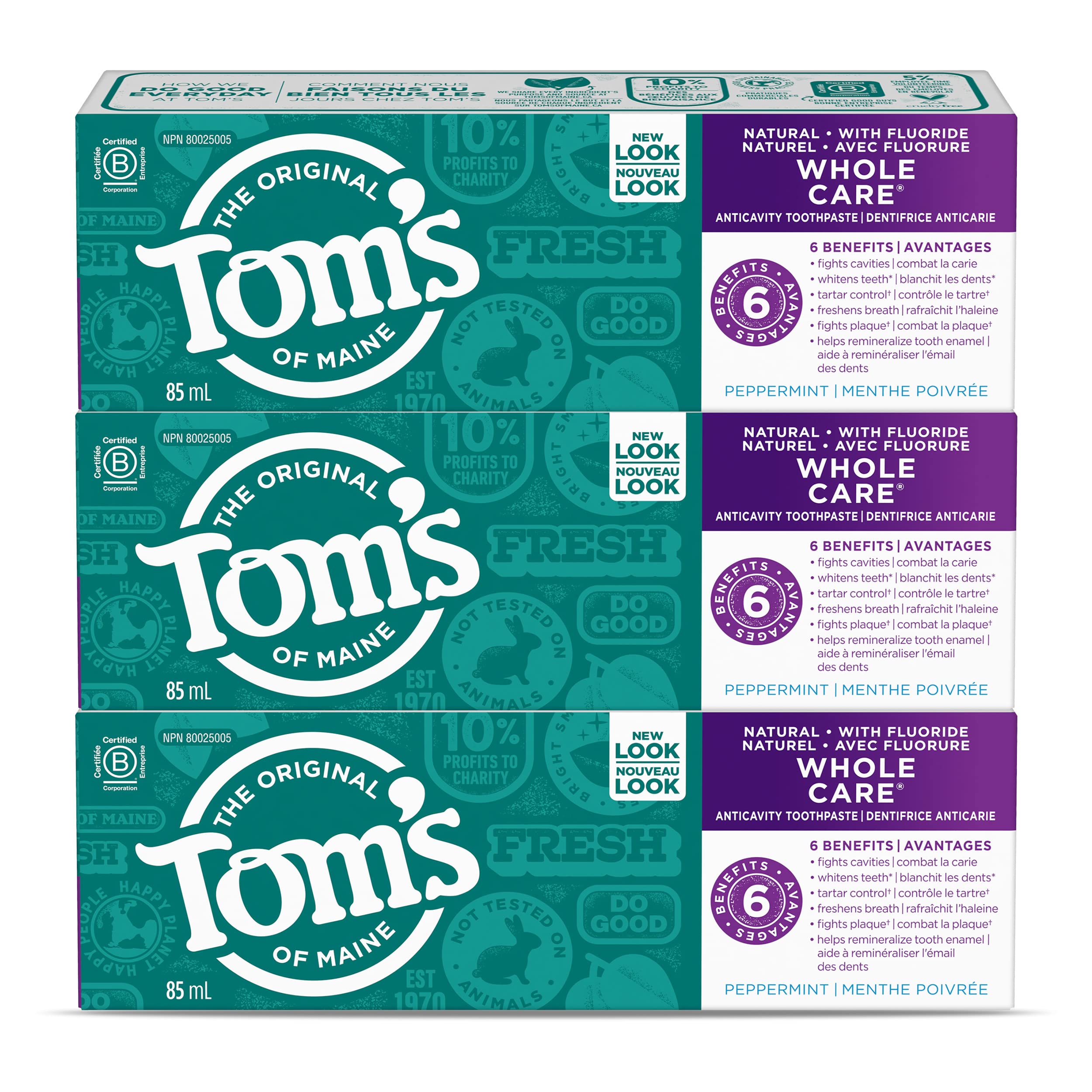 Tom's of Maine Whole Care Fluoride Natural Toothpaste  Peppermint  85 mL  Wholecare Fluoride  3 pack   Amazon Exclusive