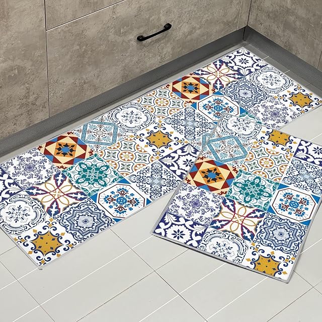 KGIHPC 2 Piece Kitchen Mat Non Slip Kitchen Rug Set Kitchen Floor Mat Runner Waterproof Standing Mat (Portuguese tile, 43x150cm+43x75cm)