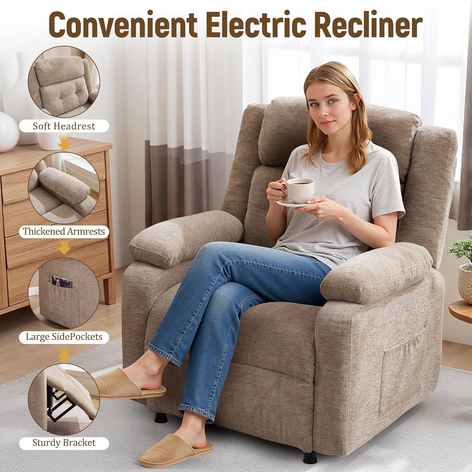 Power Recliner Chair, Living Room Chairs for Adults, Oversized Electric Recliner with Side Pockets, Chenille Fabric Reclining Chair for Living Room, Bedroom