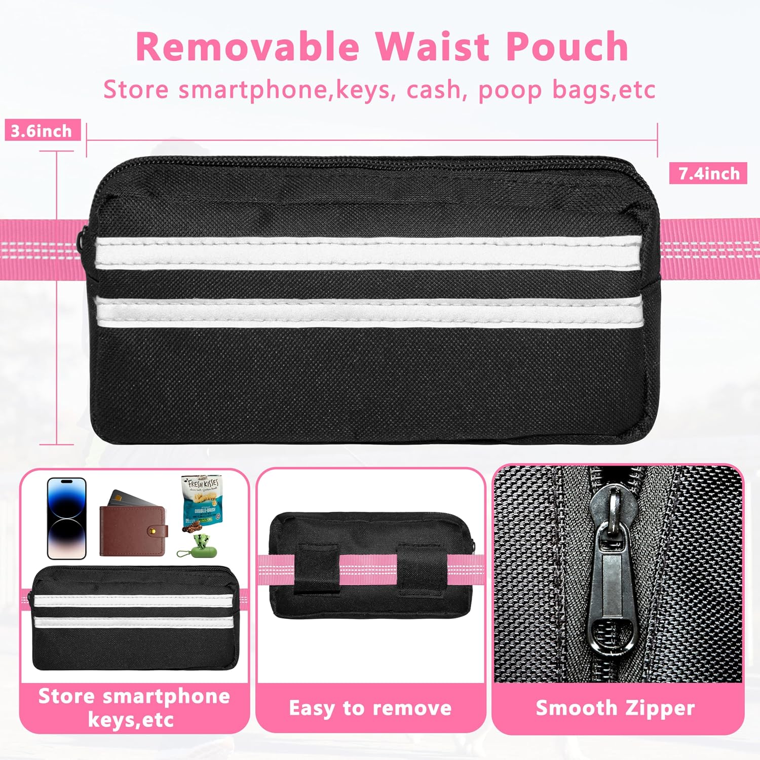 Hands Free Dog Leash with Zipper Pouch, Running Waist Leash for Dog Walking, Adjustable Waist Belt for Large Dogs, Reflective Bungee Design with Two Handle for Hiking, Training, Pink