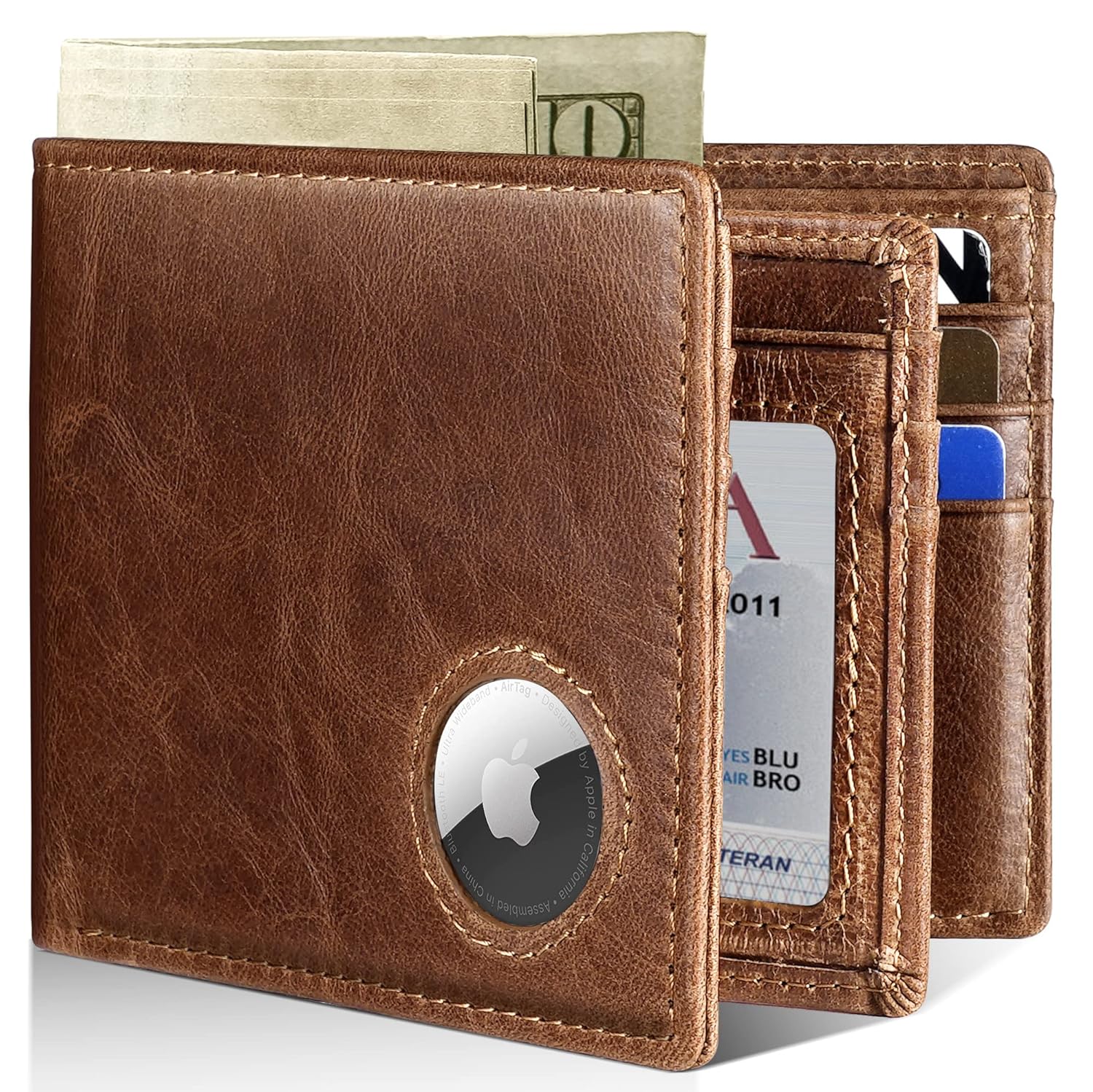 Mens Wallet With AirTag Holder Bifold Leather RFID Blocking 1-2 ID Windows 12-13 Card Holders Gift Box and