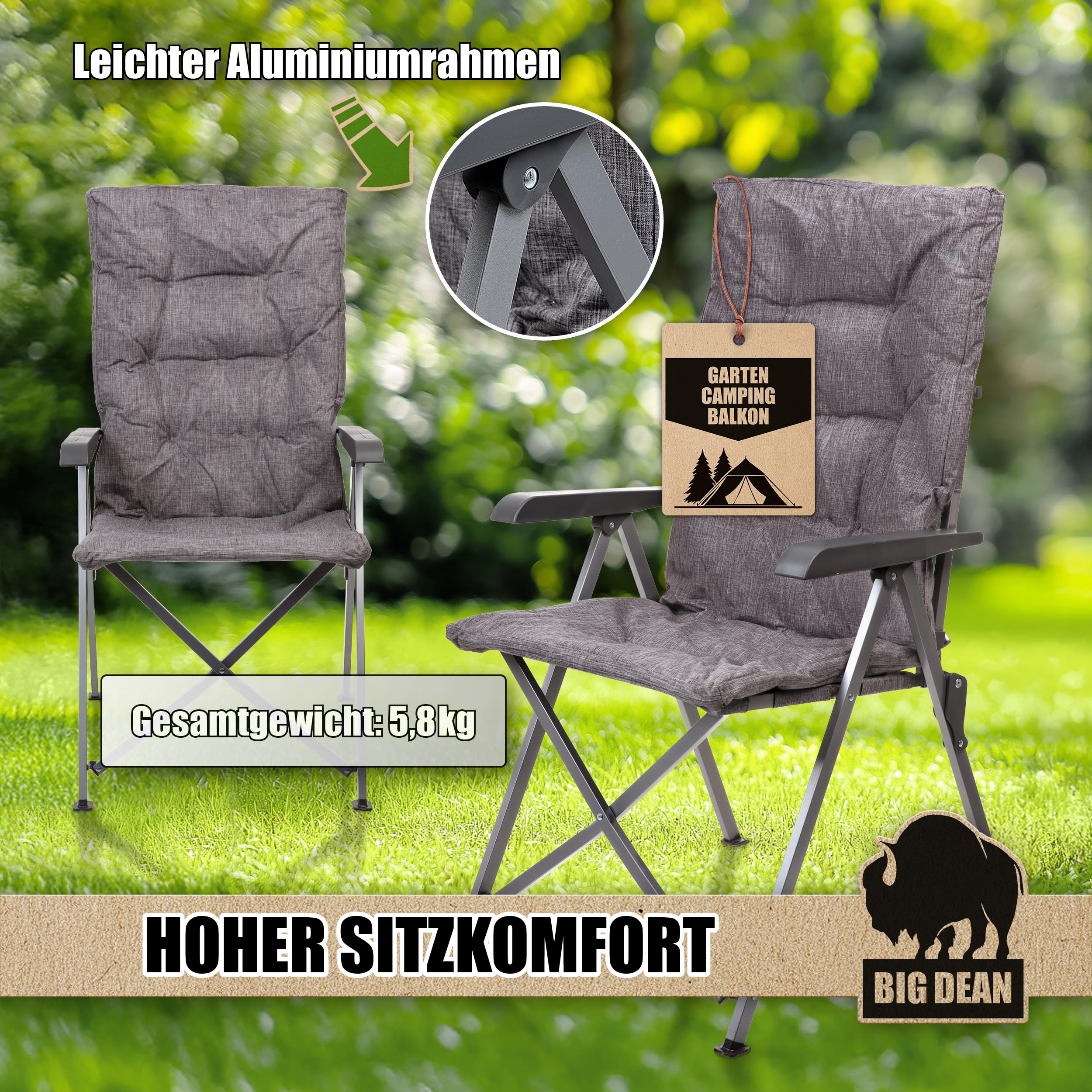 BigDean Bequemer Campingstuhl faltbar Rückenlehne verstellbar