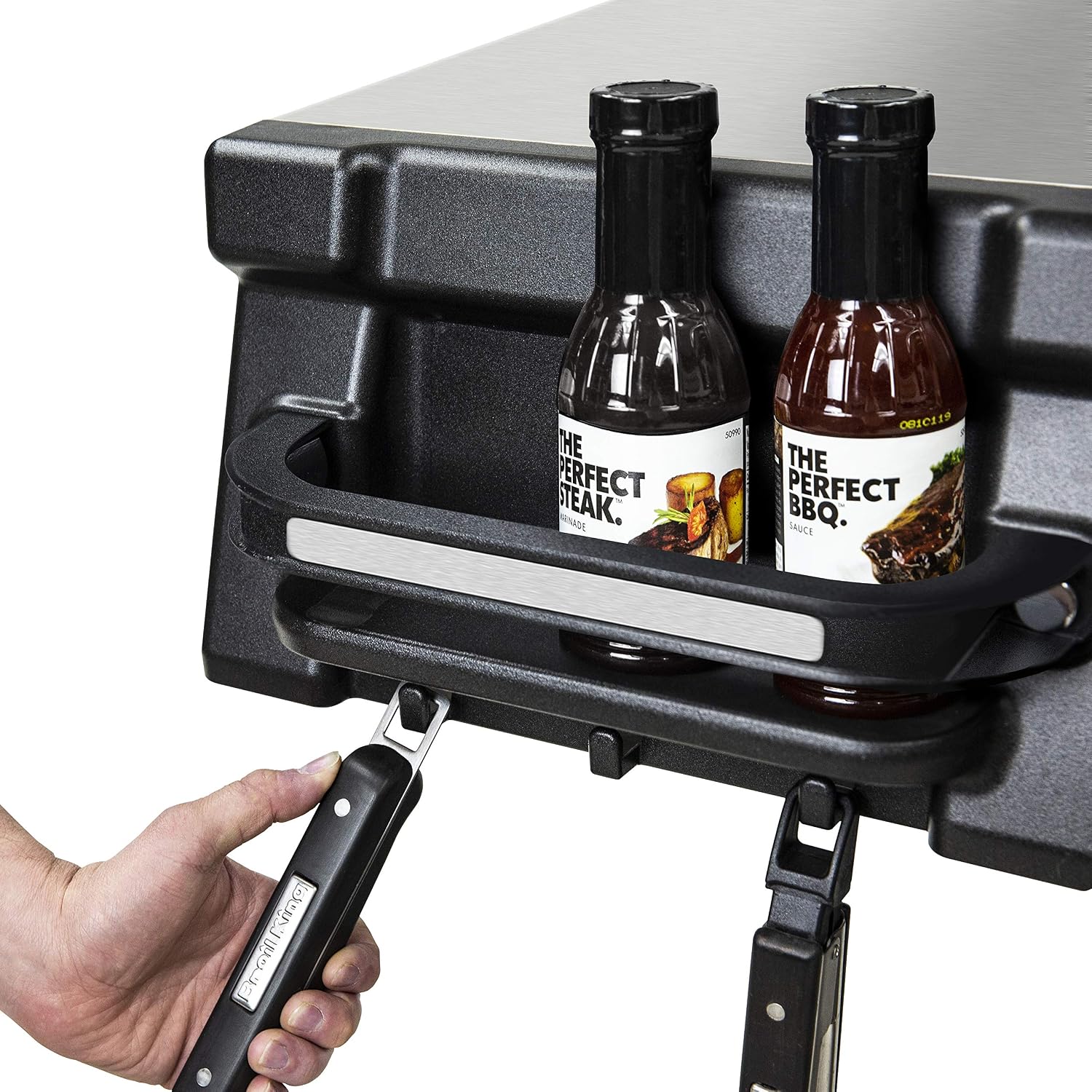 Grill side shelf with hooks for utensils and storage for sauces