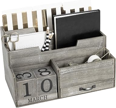 BLU MONACO | Dark Wooden Mail Organizer with Block Calendar | Two-Tier Mail Sorter, Drawer & Accessory Compartment | Desktop Organizer for Home or Womens Office