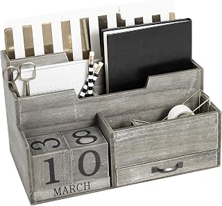 BLU MONACO | Dark Wooden Mail Organizer with Block Calendar | Two-Tier Mail Sorter, Drawer & Accessory Compartment | Desktop Organizer for Home or Women’s Office