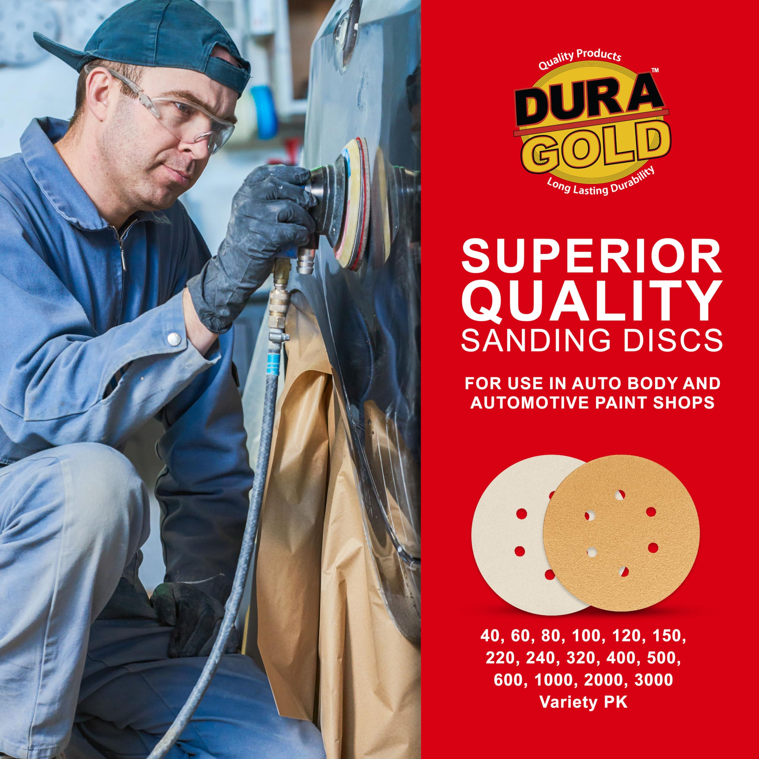 Dura-Gold - Premium - Discos de lija de 6 agujeros para lijadoras DA de grano 60 de 6 pulgadas dorados, con gancho y bucle, caja de 24 discos de acabado de papel de lija para automoción y carpintería